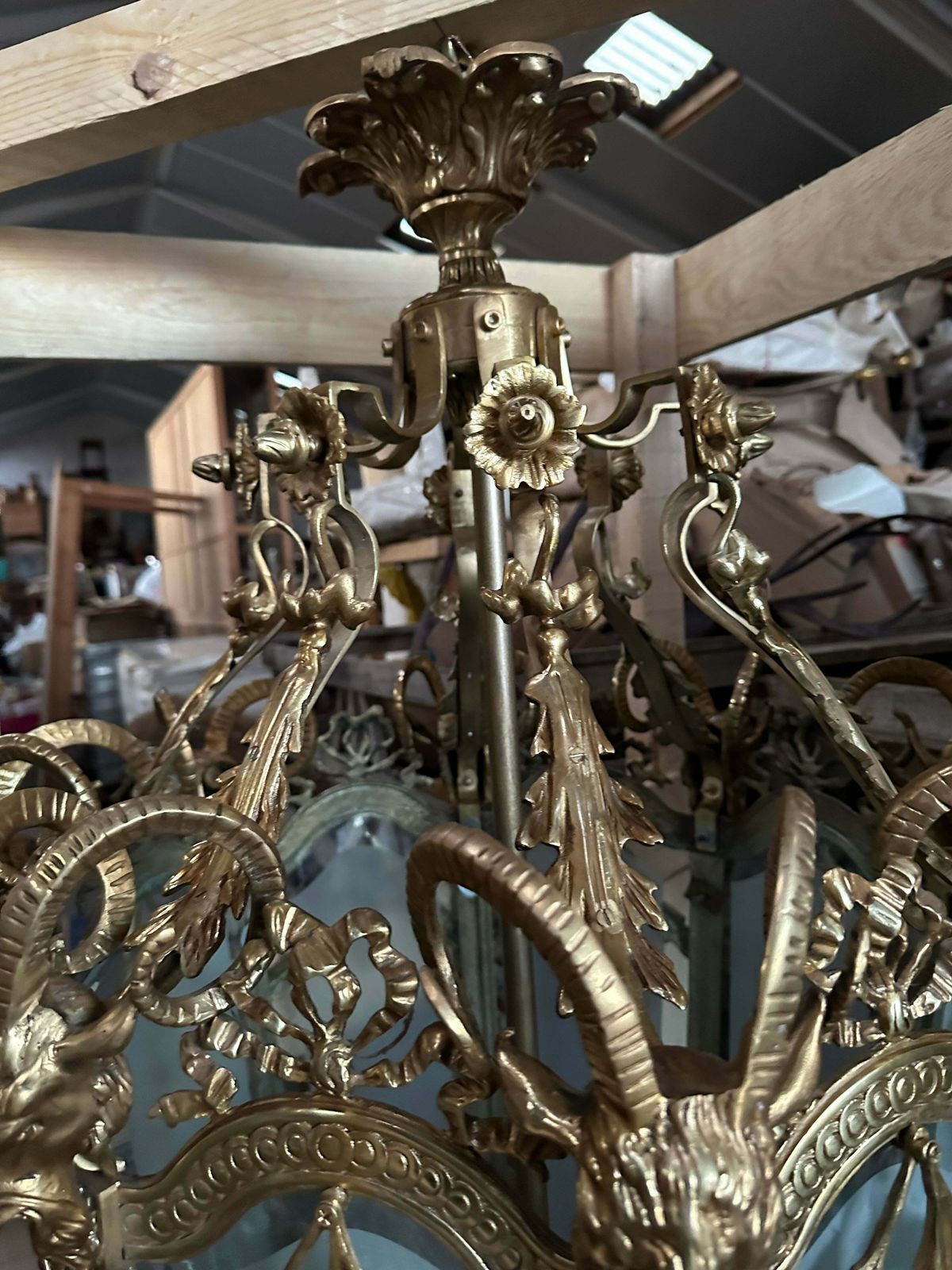 Extremely Rare, Bronze Antique Lanterns With Gargoyle Decorations And Etched Glass (Pair Available) photo for sale