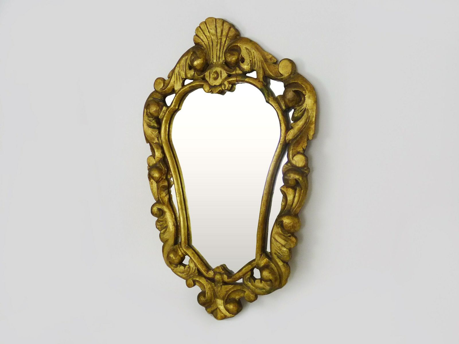 Old Wall Mirror In Wood And Gilded Stucco With Shell Decoration, Pediment Mirror. Louis XV Style. Mid 20th Century photo Home Decor