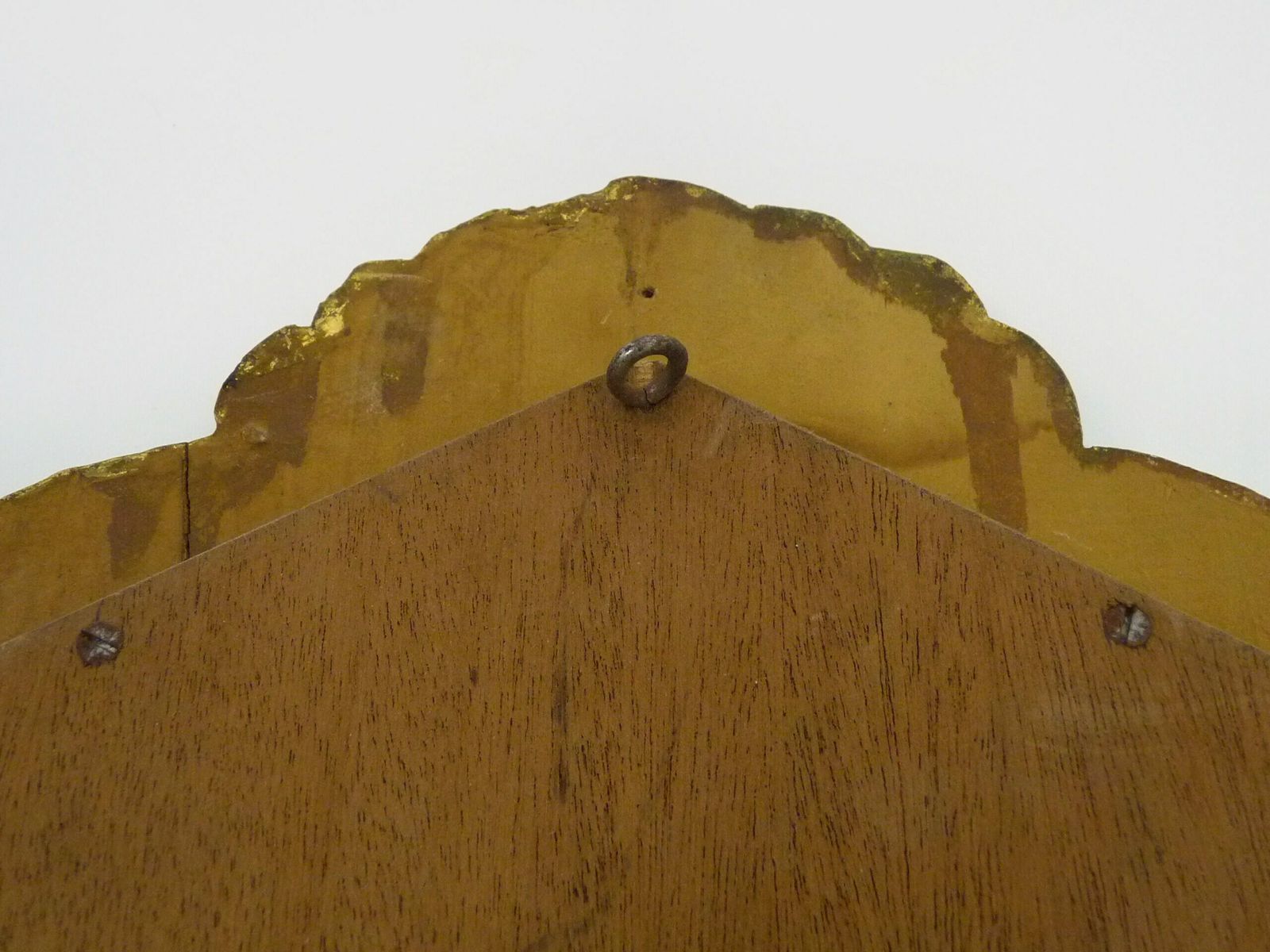 photo furniture Old Wall Mirror In Wood And Gilded Stucco With Shell Decoration, Pediment Mirror. Louis XV Style. Mid 20th Century