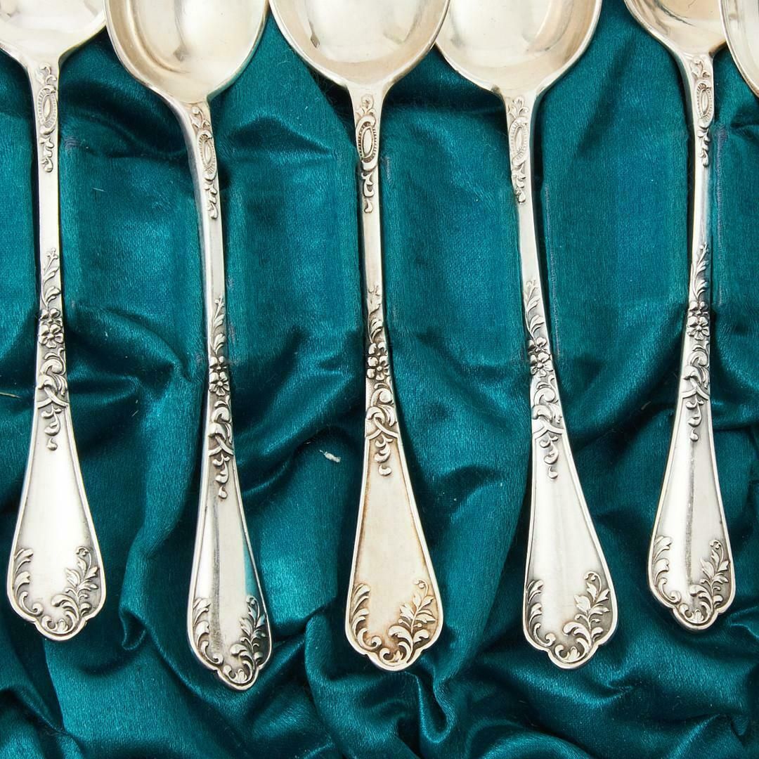 Exclusive Tea Coffee Spoons, 12 Pcs. Sterling Silver & Box, Model Olga photo for sale