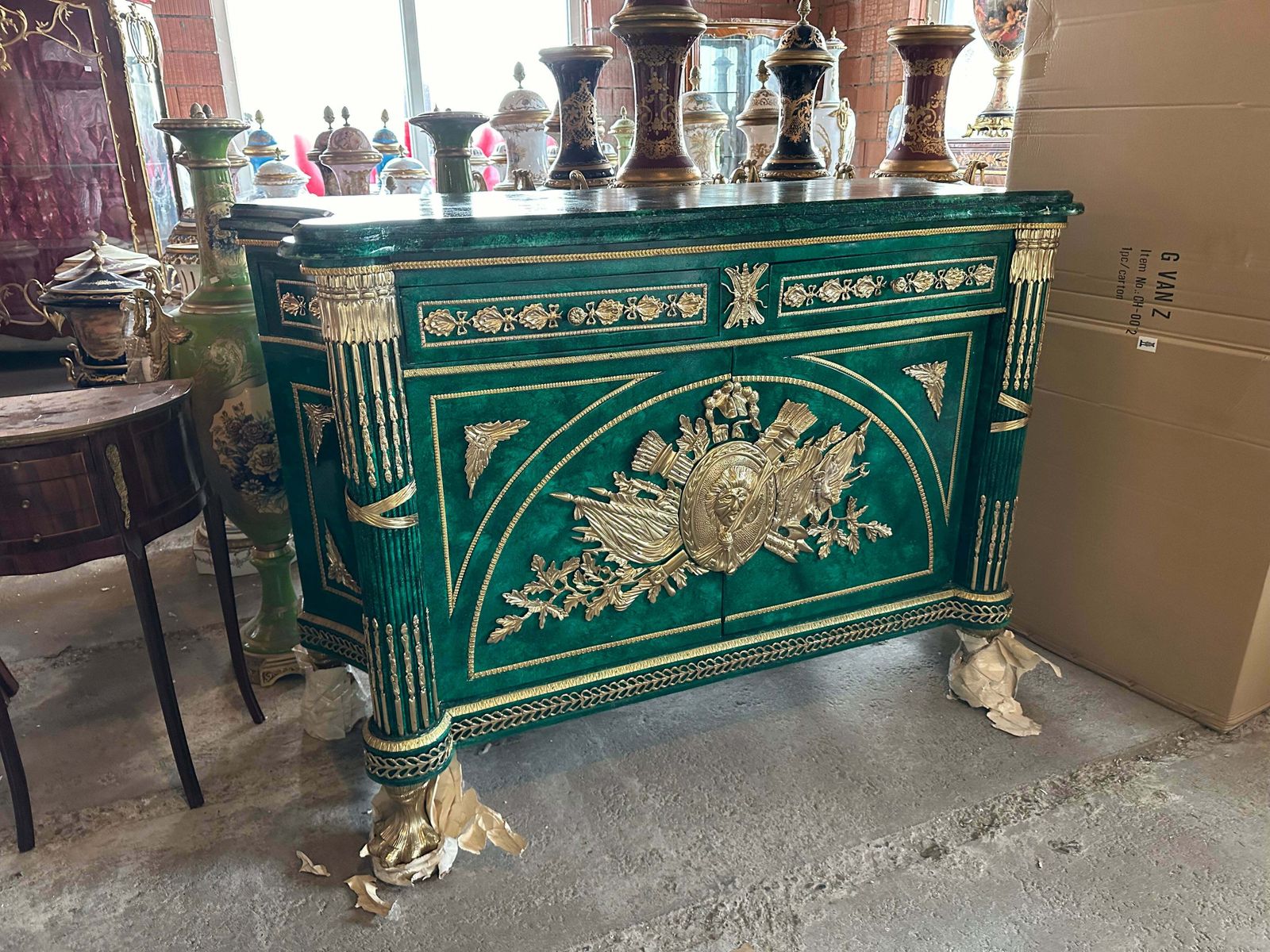 Very Rare, Green Malachite Painted Marble Top French Buffet/Sideboard (Pair Available) photo for sale