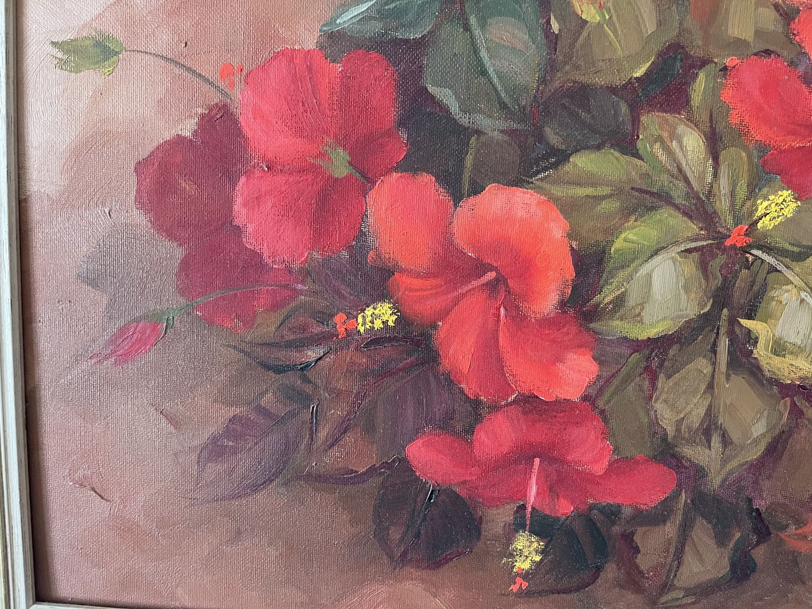 Signed Oil Painting Of A Flowering Red Hibiscus Plant photo vinterior