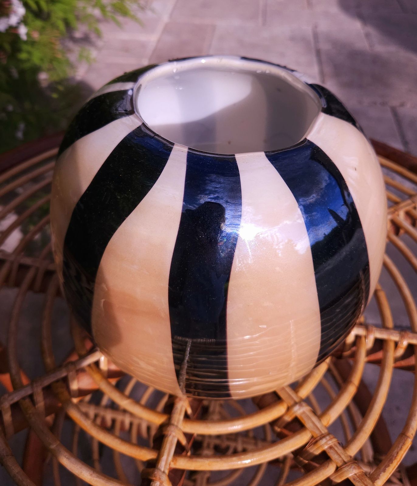 Unusual Murano Style, Striped Spherical Glass Vase photo for sale