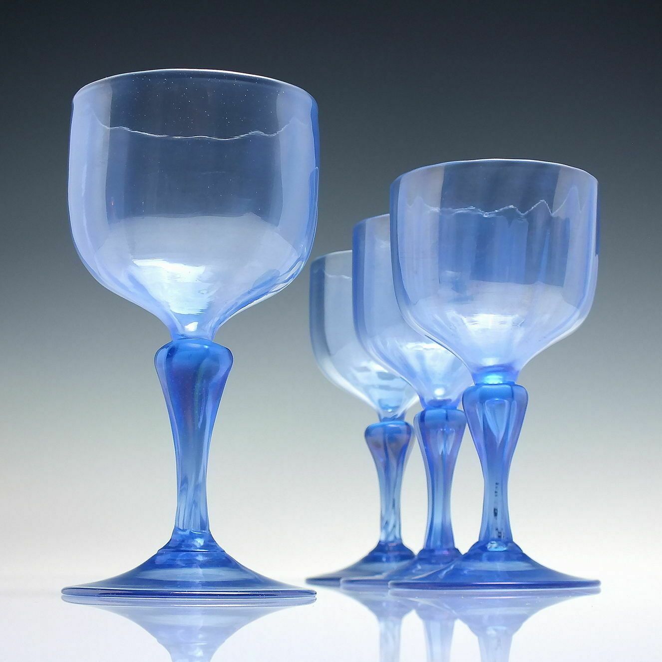Four Murano Revival Blue Iridescent Wine Glass Goblets C1930