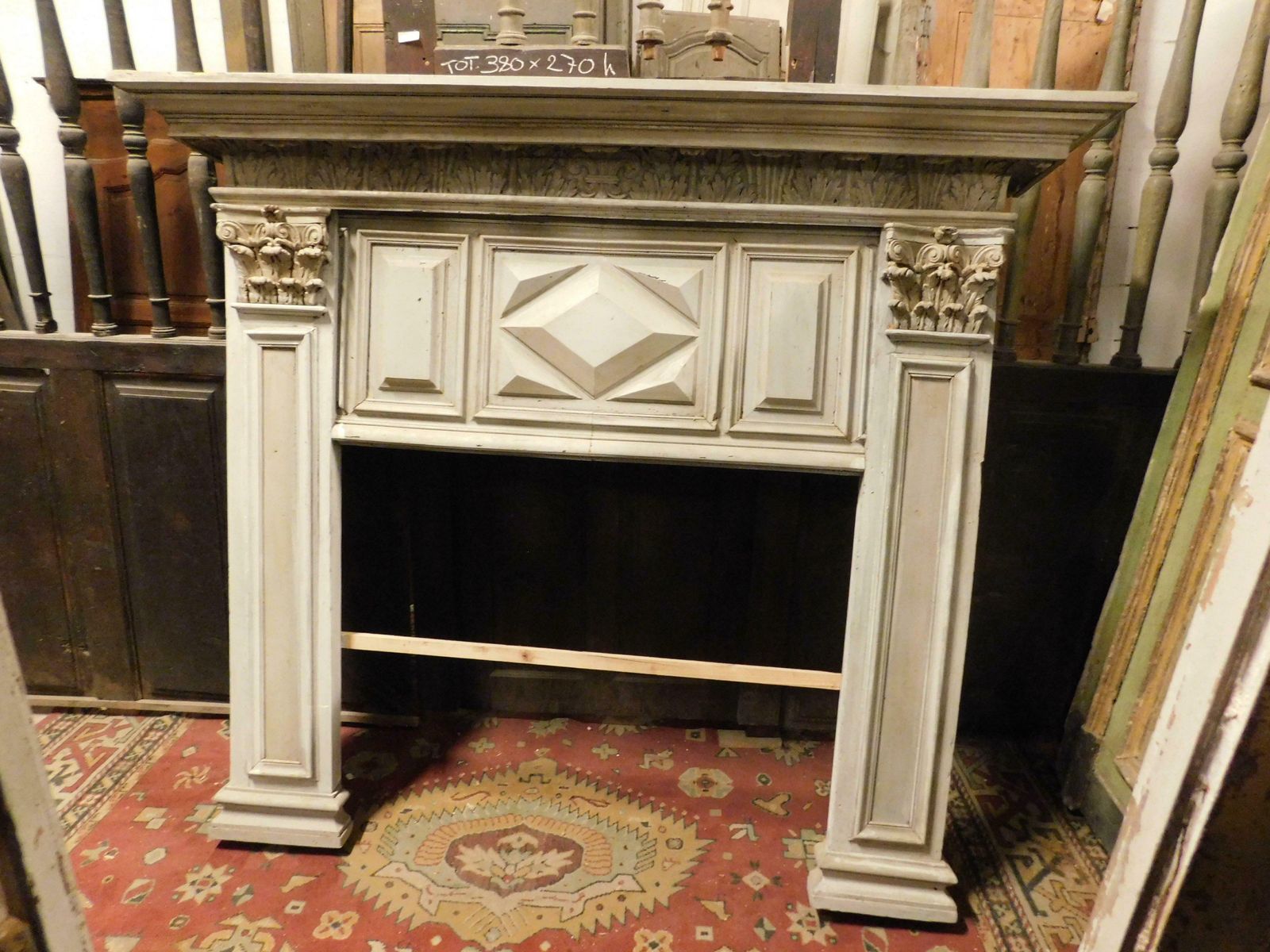 Fireplace In Gray Lacquered Wood With Sculpted Panels, Italy photo for sale