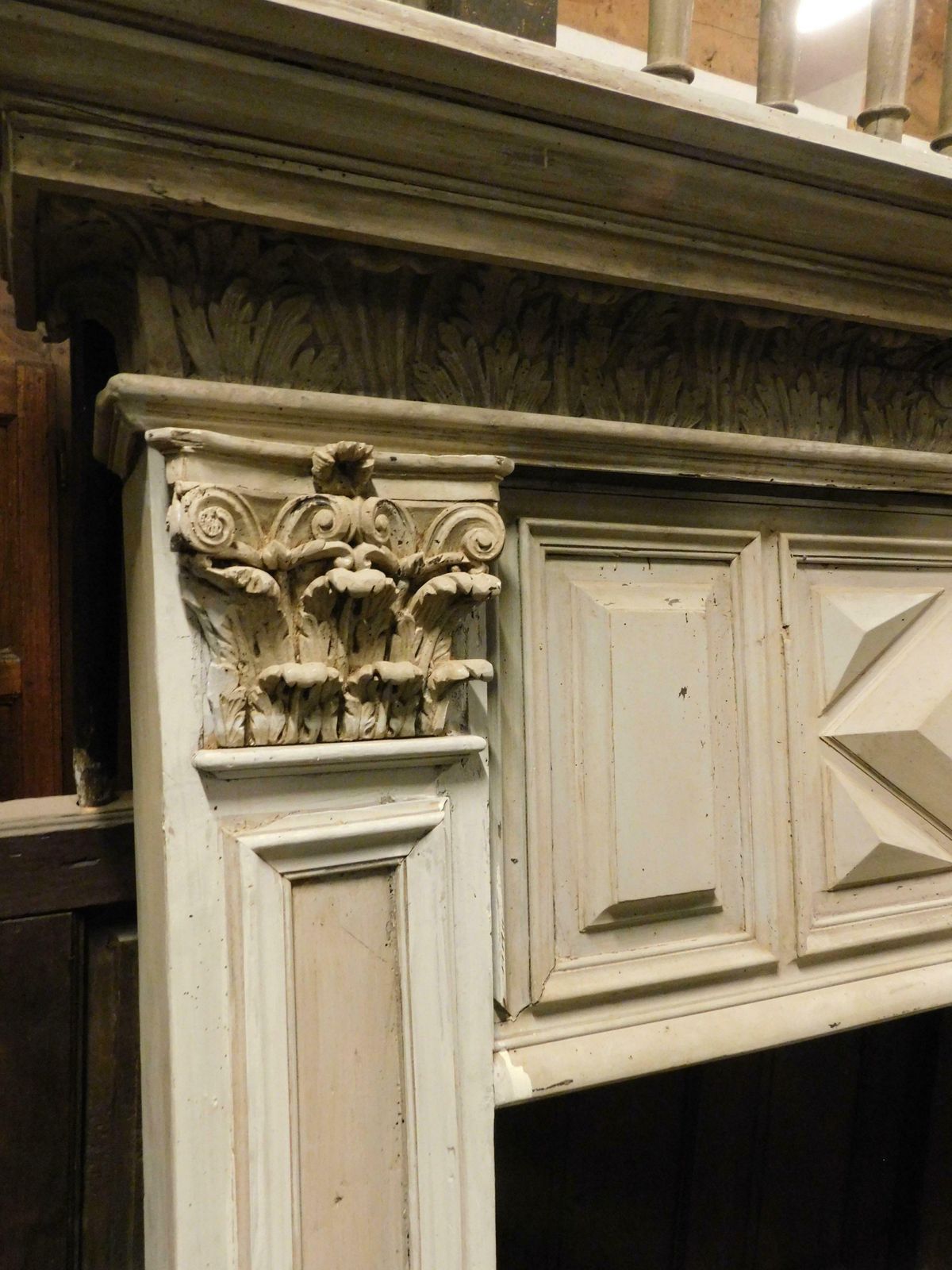 Fireplace In Gray Lacquered Wood With Sculpted Panels, Italy photo vintage