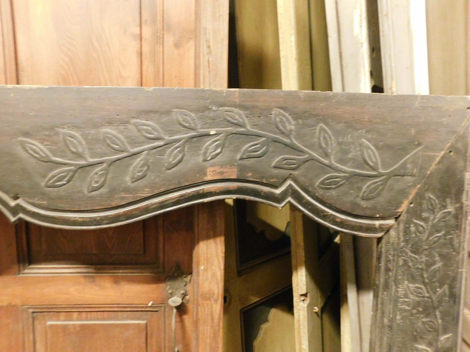 Fireplace Mantle In Black Lacquered Solid Wood With Floral Carvings, Italy photo vinterior