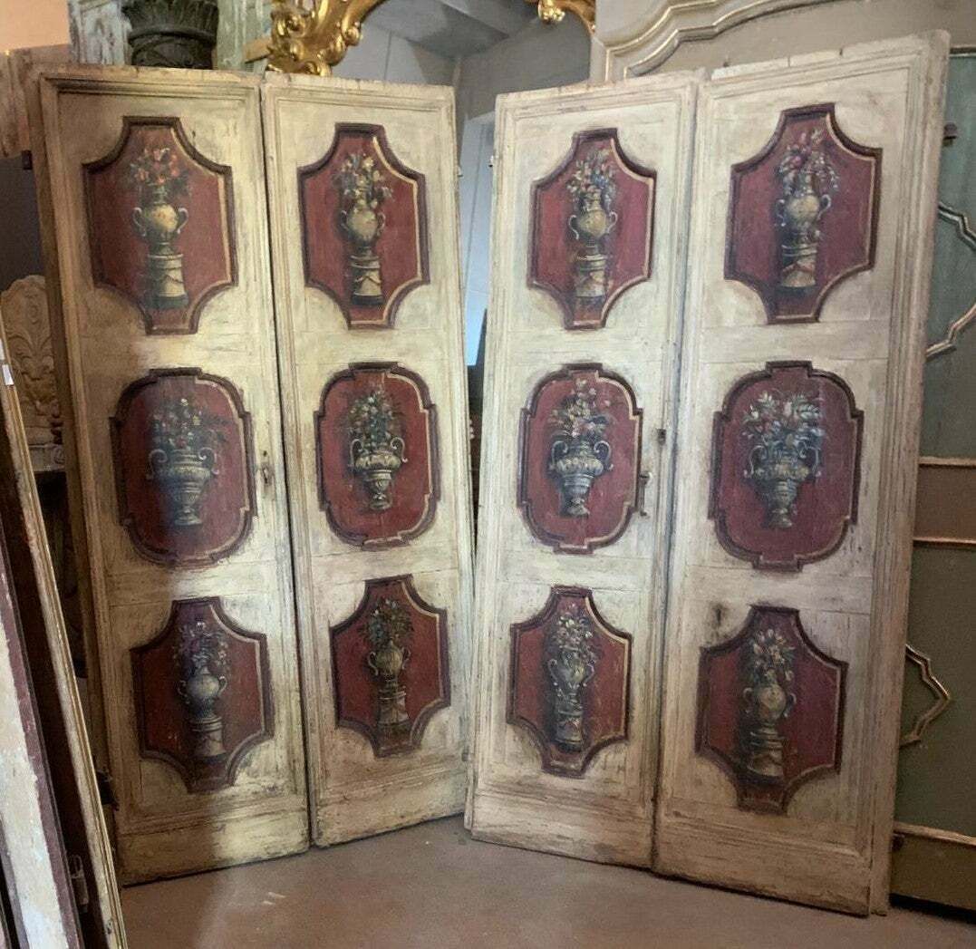 Set Of 2 Hand Painted Wooden Double Doors, 6 Cream And Red Panels, Florence photo furniture