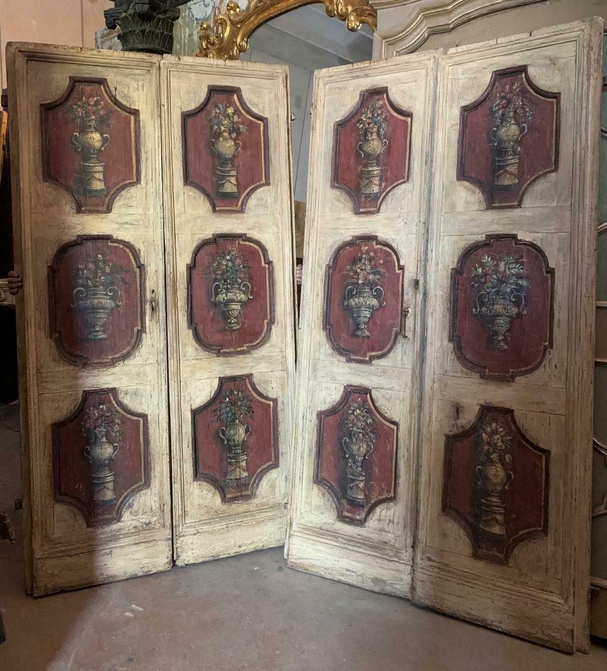 Set Of 2 Hand Painted Wooden Double Doors, 6 Cream And Red Panels, Florence photo Home Fixtures