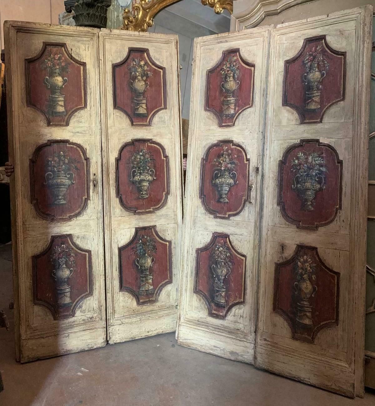 Set Of 2 Hand Painted Wooden Double Doors, 6 Cream And Red Panels, Florence photo vinterior