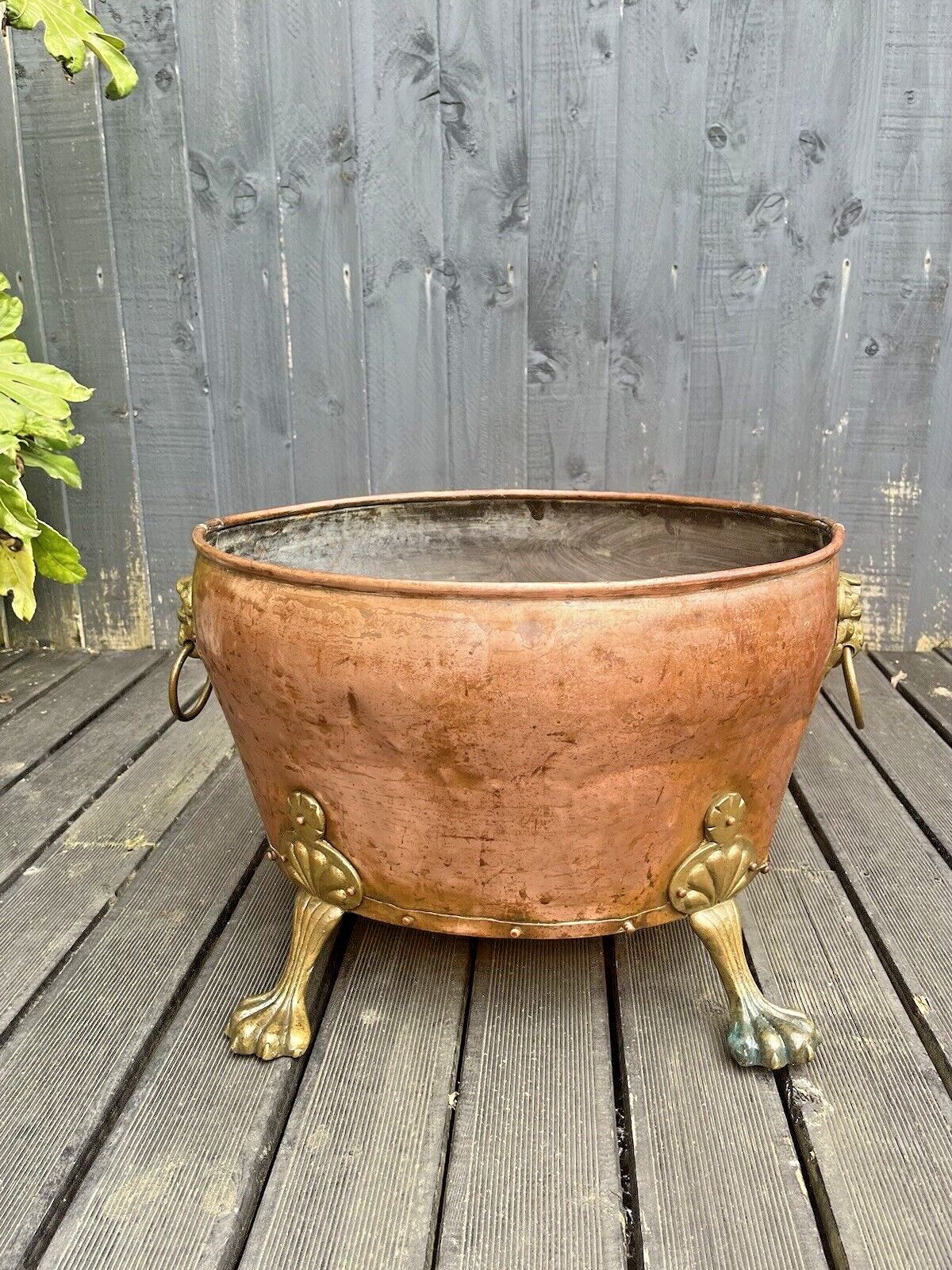 Large Antique Copper & Brass Lions Head Paw Feet Riveted Log Coal Bucket Planter photo vintage