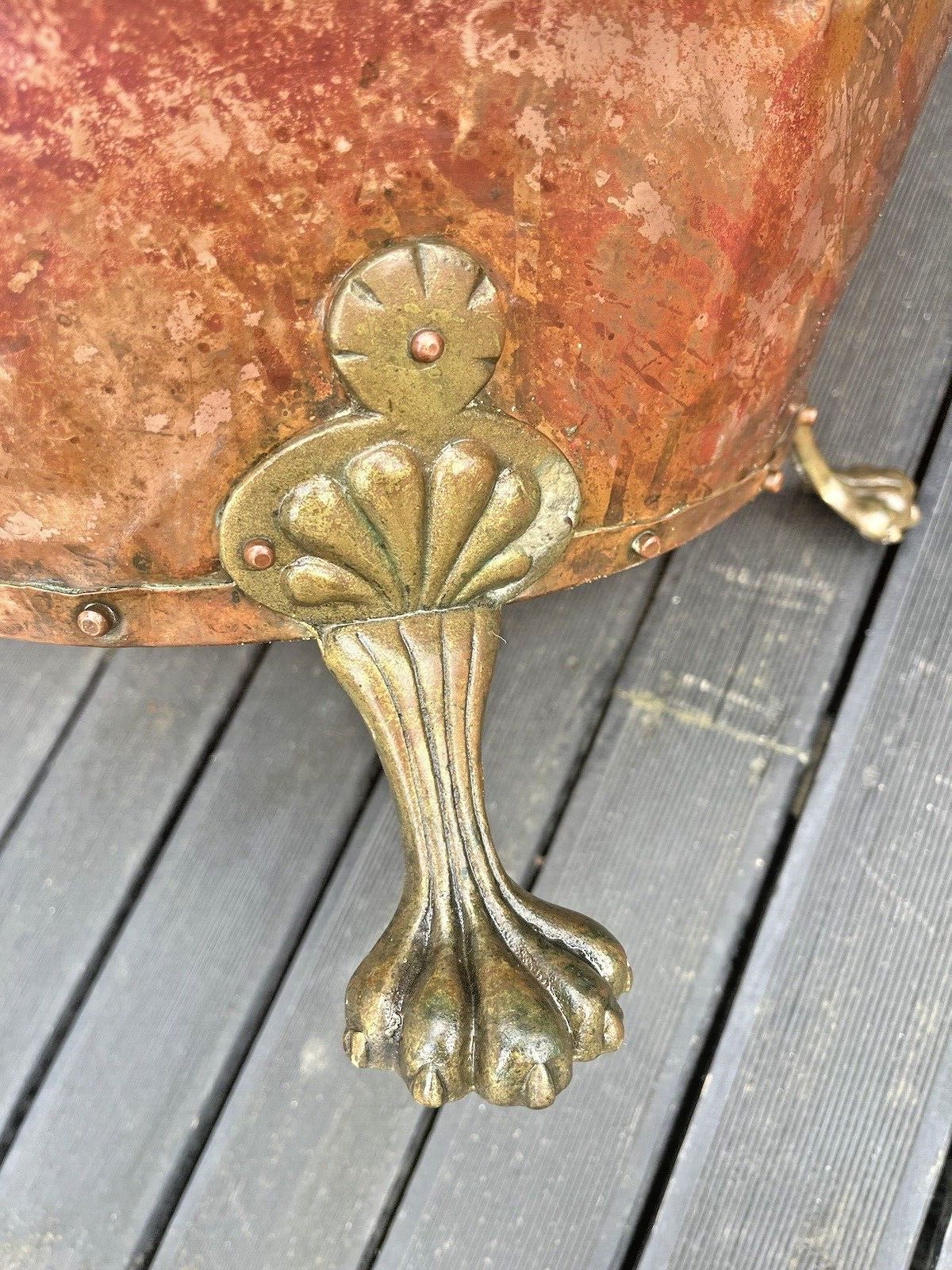 375.0 Large Antique Copper & Brass Lions Head Paw Feet Riveted Log Coal Bucket Planter photo