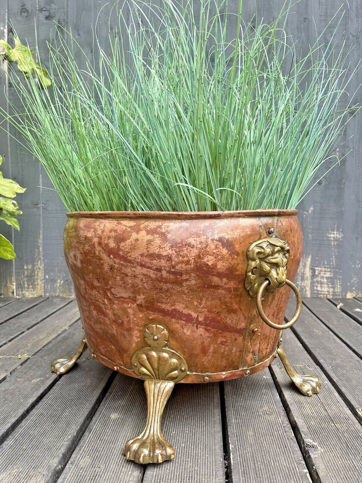 photo buy Large Antique Copper & Brass Lions Head Paw Feet Riveted Log Coal Bucket Planter