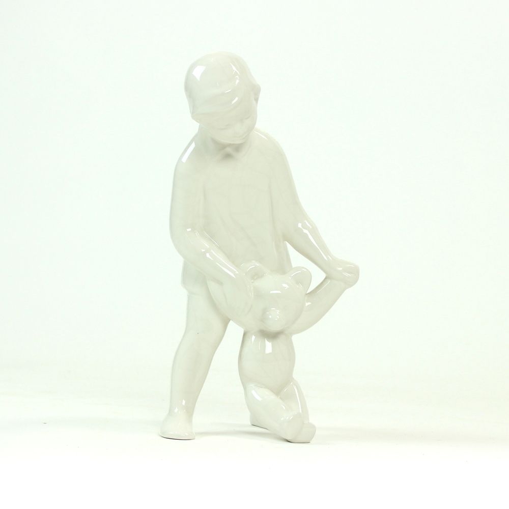 White Porcelain Sculpture Of A Girl With A Teddybear, Czechoslovakia 1960s photo Art