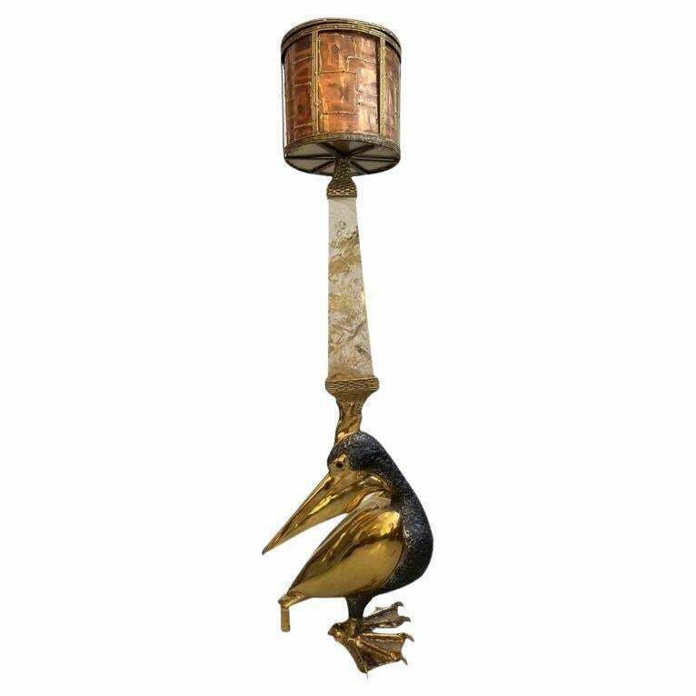Jacques Duval Brasseur Signed Brass Pelican Obelisk Planter, France, Ca. 1970s