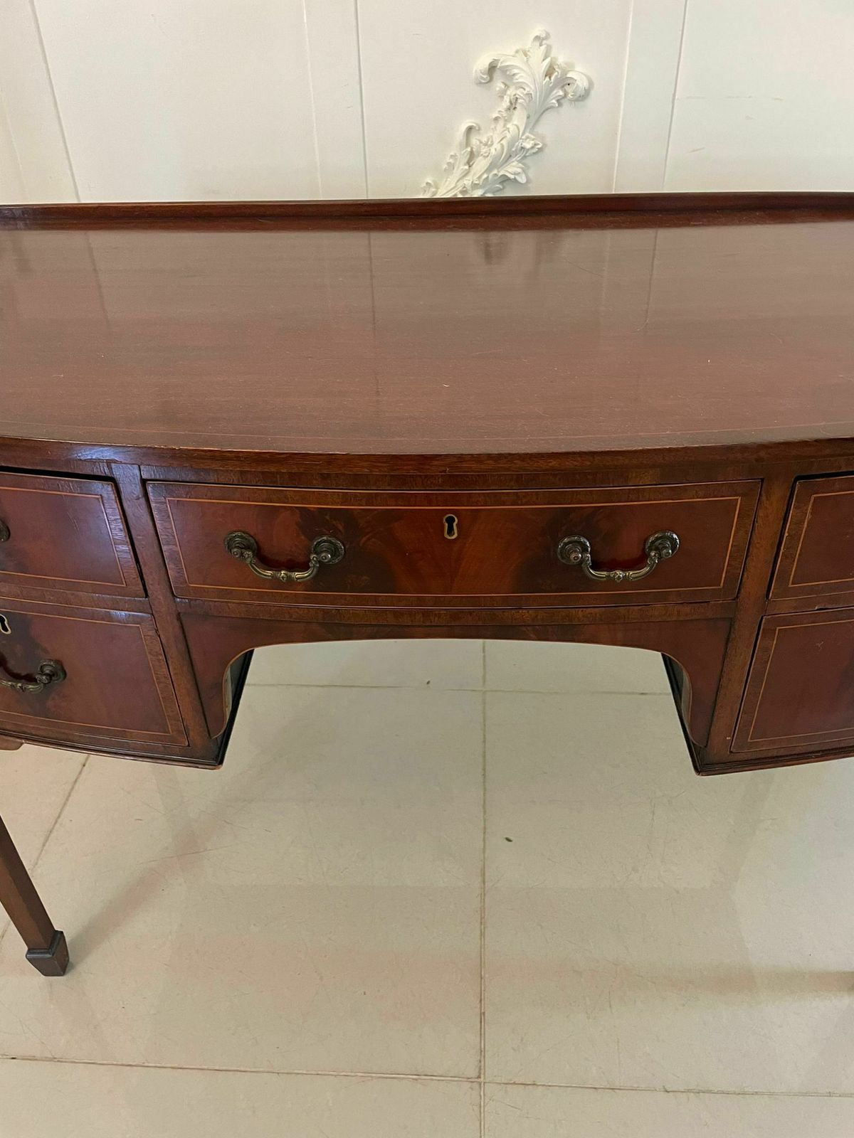 photo for sale Antique Early 20th Century Mahogany Bow Front Inlaid Sideboard
