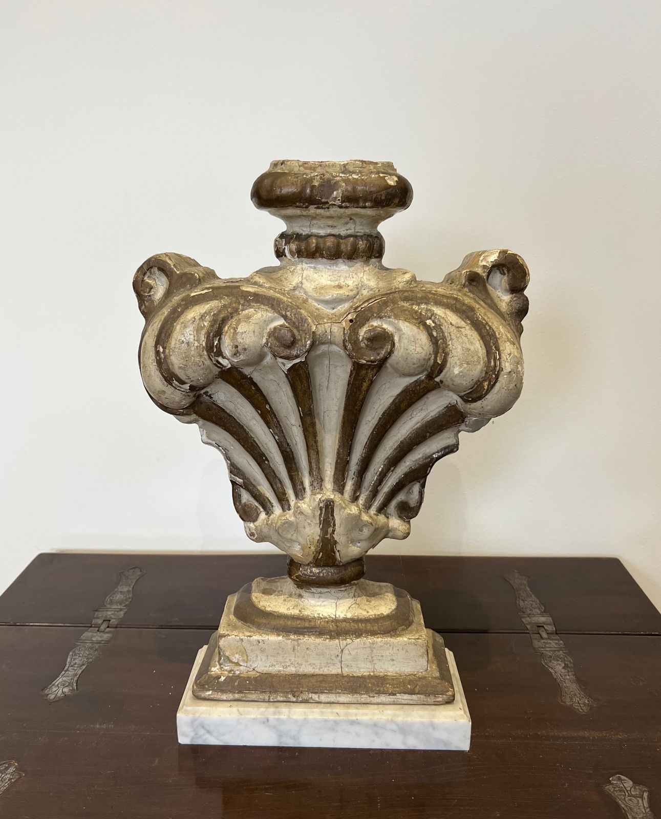 Decorative Element In Carved Wood On Carrara Marble Base photo furniture