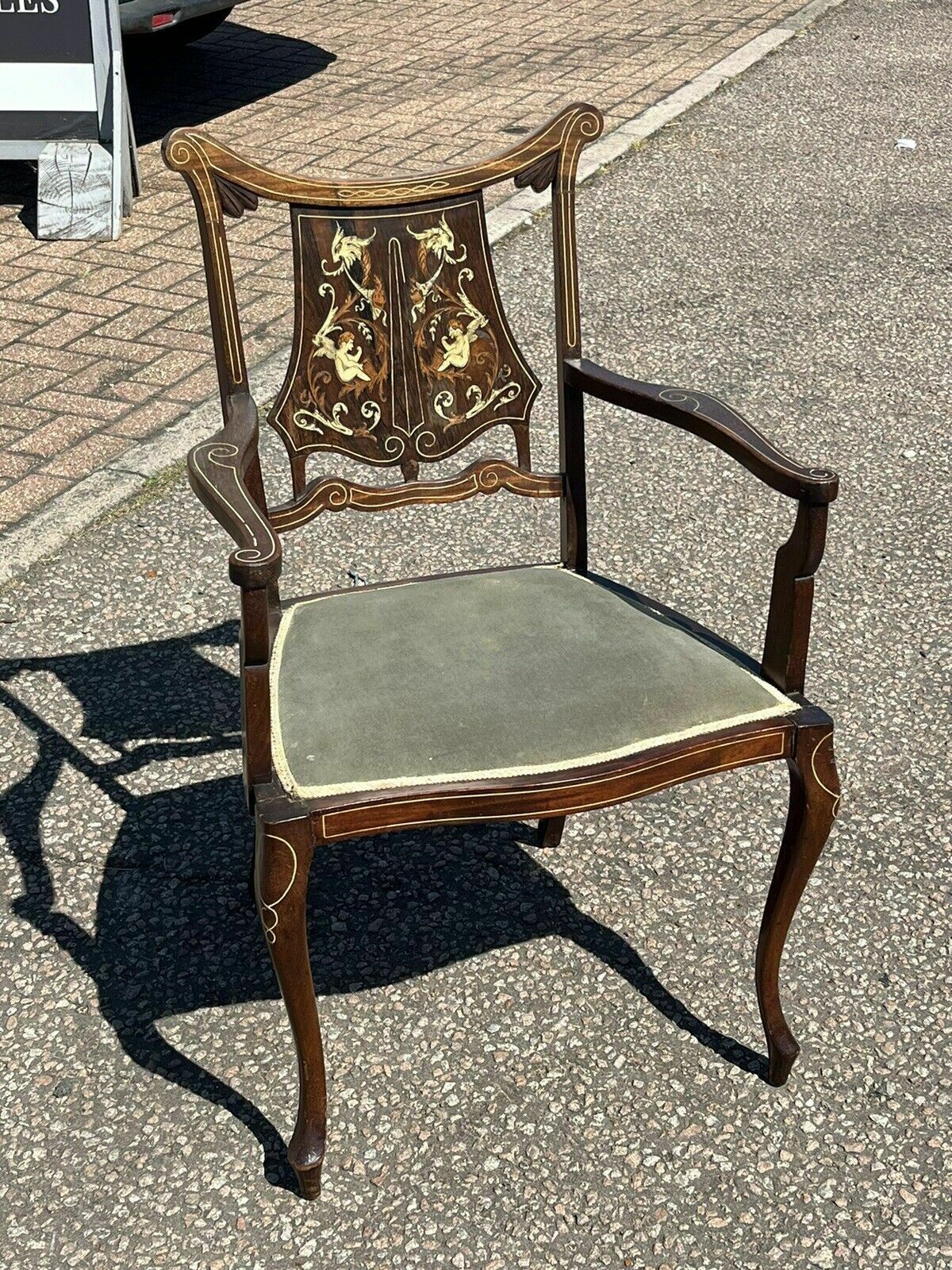Edwardian Marquetry Inlaid With Cherubs, Mahogany Armchair , Superb Quality. photo furniture