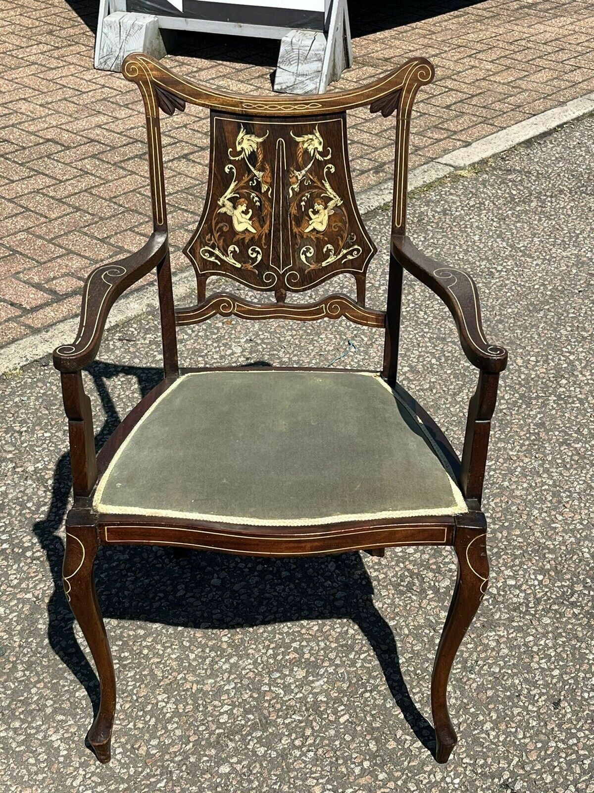 Edwardian Marquetry Inlaid With Cherubs, Mahogany Armchair , Superb Quality. photo for sale