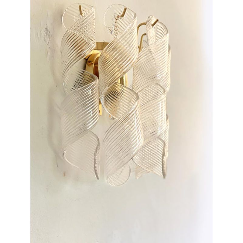 Set Of Two Transparent “Ricci” Murano Glass Gold 24k Wall Sconces In Mazzega Style photo vinterior