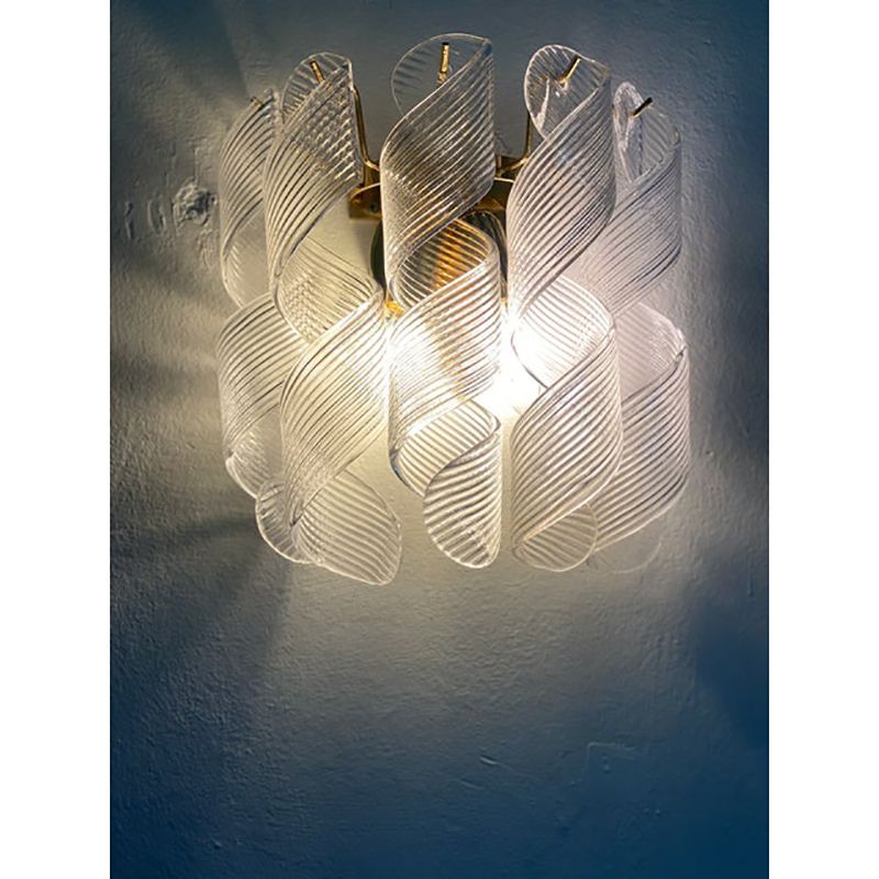 Set Of Two Transparent “Ricci” Murano Glass Gold 24k Wall Sconces In Mazzega Style photo buy
