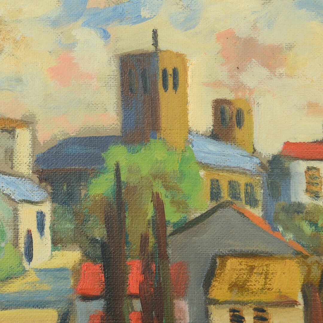 French Village Landscape Oil Painting By Listed Artist Jack Eichborn photo for sale