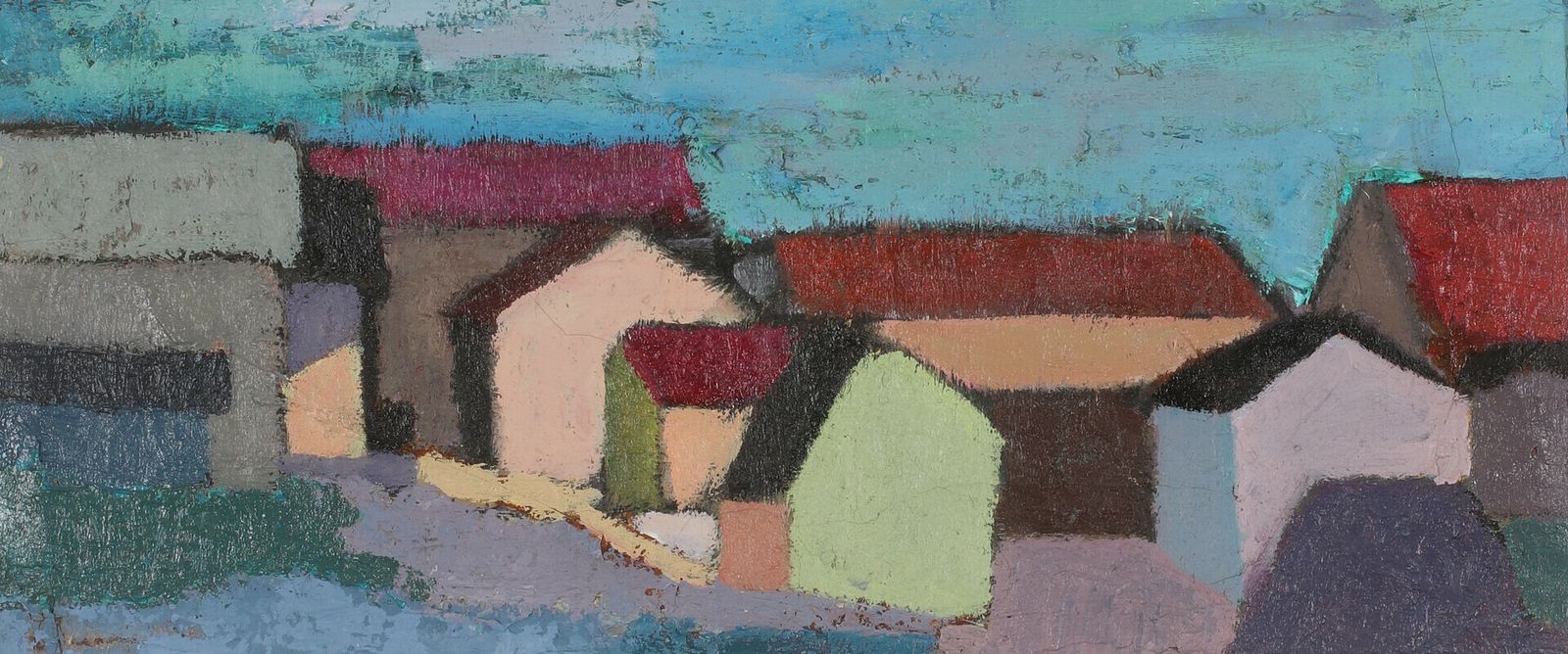 Cubist Houses Oil Painting On Board  By Listed Swedish Artist photo furniture