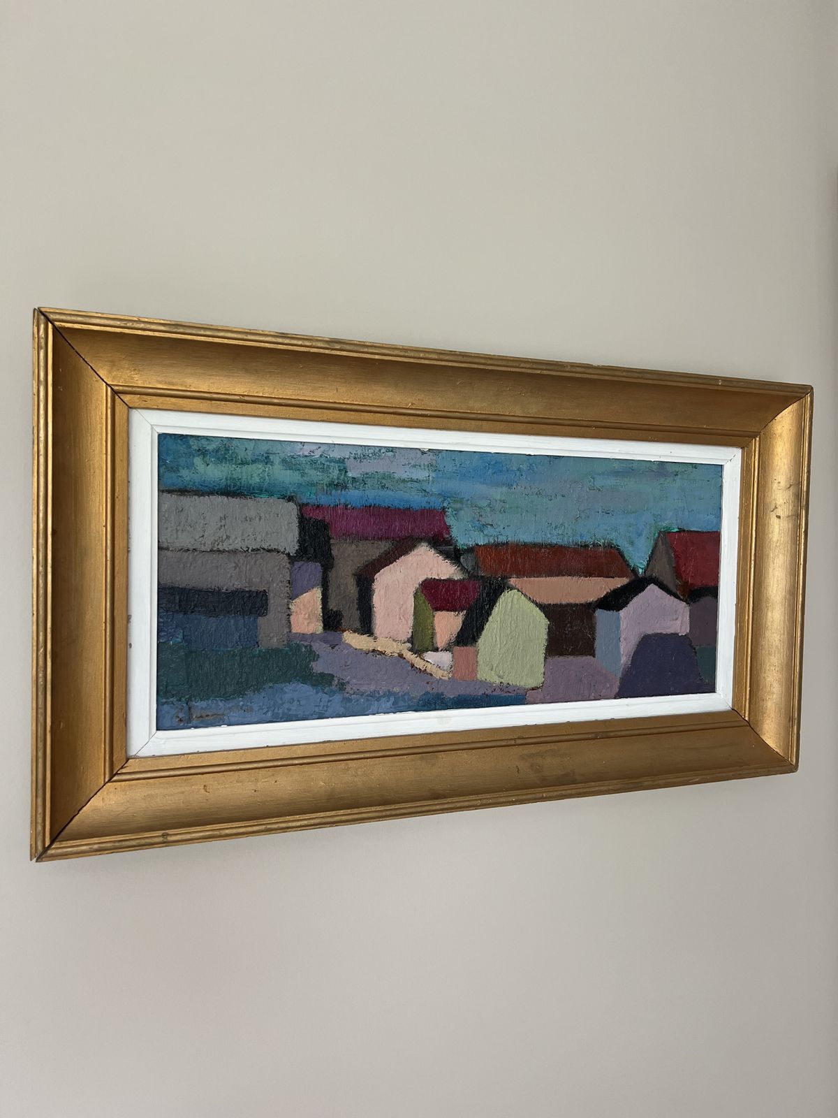 Cubist Houses Oil Painting On Board  By Listed Swedish Artist photo vintage