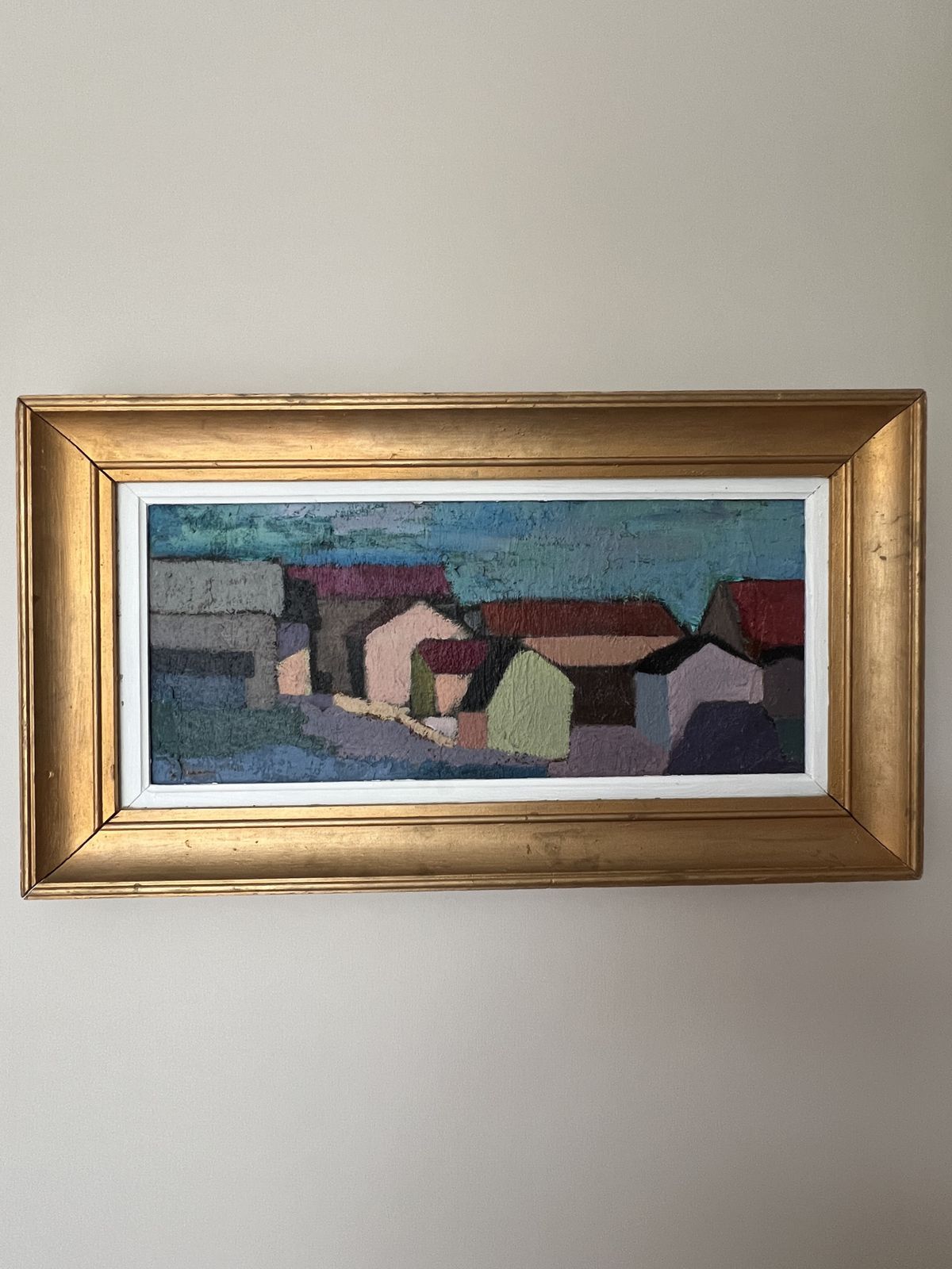 495.0 Cubist Houses Oil Painting On Board  By Listed Swedish Artist photo