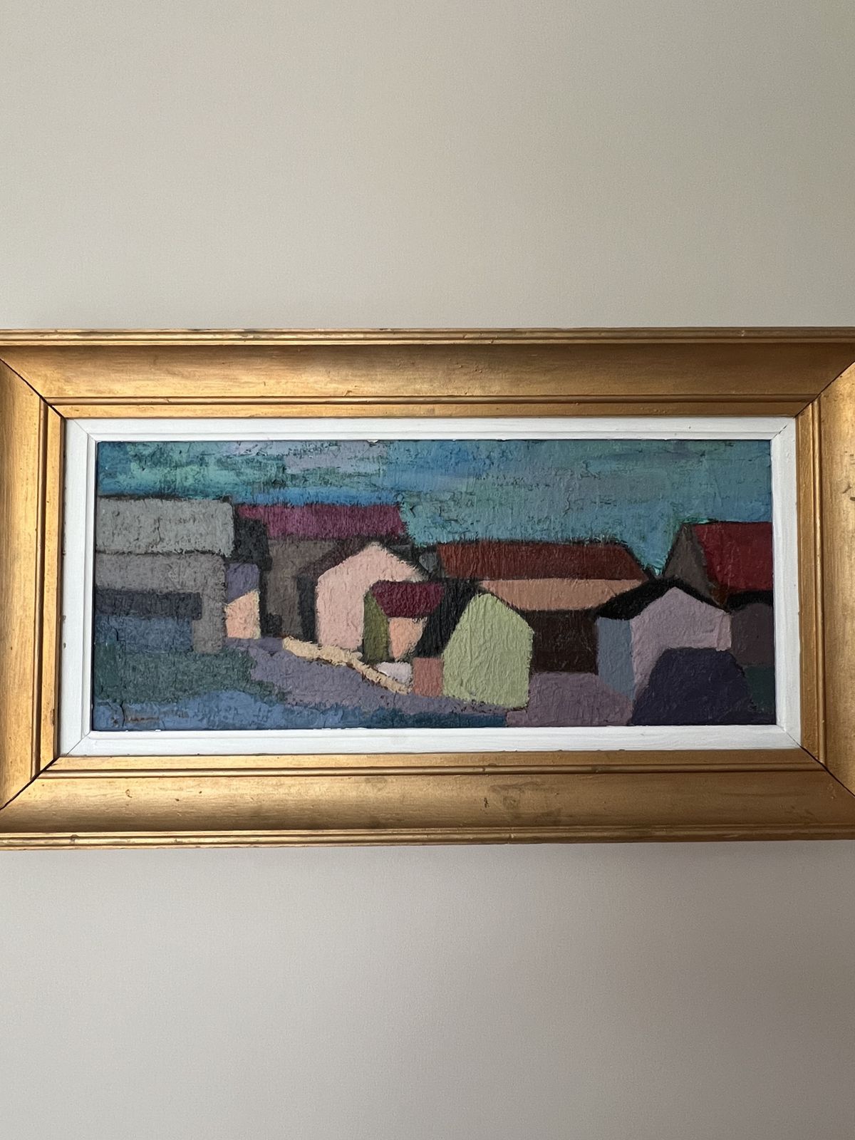 photo vinterior Cubist Houses Oil Painting On Board  By Listed Swedish Artist