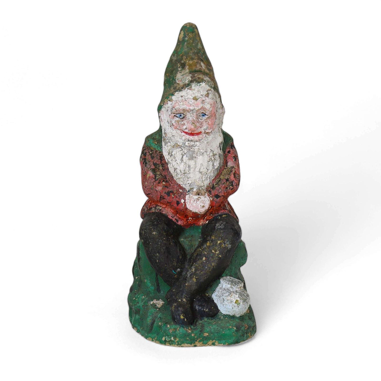 English Circa 1930s Garden Gnome Cast Stone Original Flaky Paint
