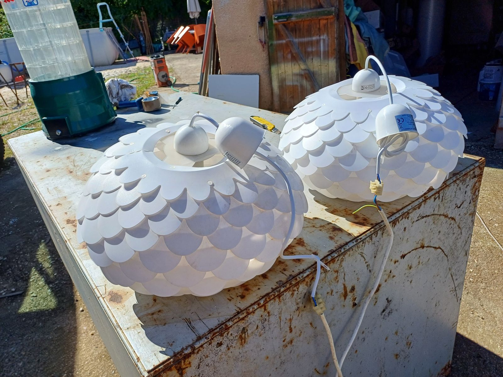 photo furniture Pair Of Vintage White Plastic Pendant Lights