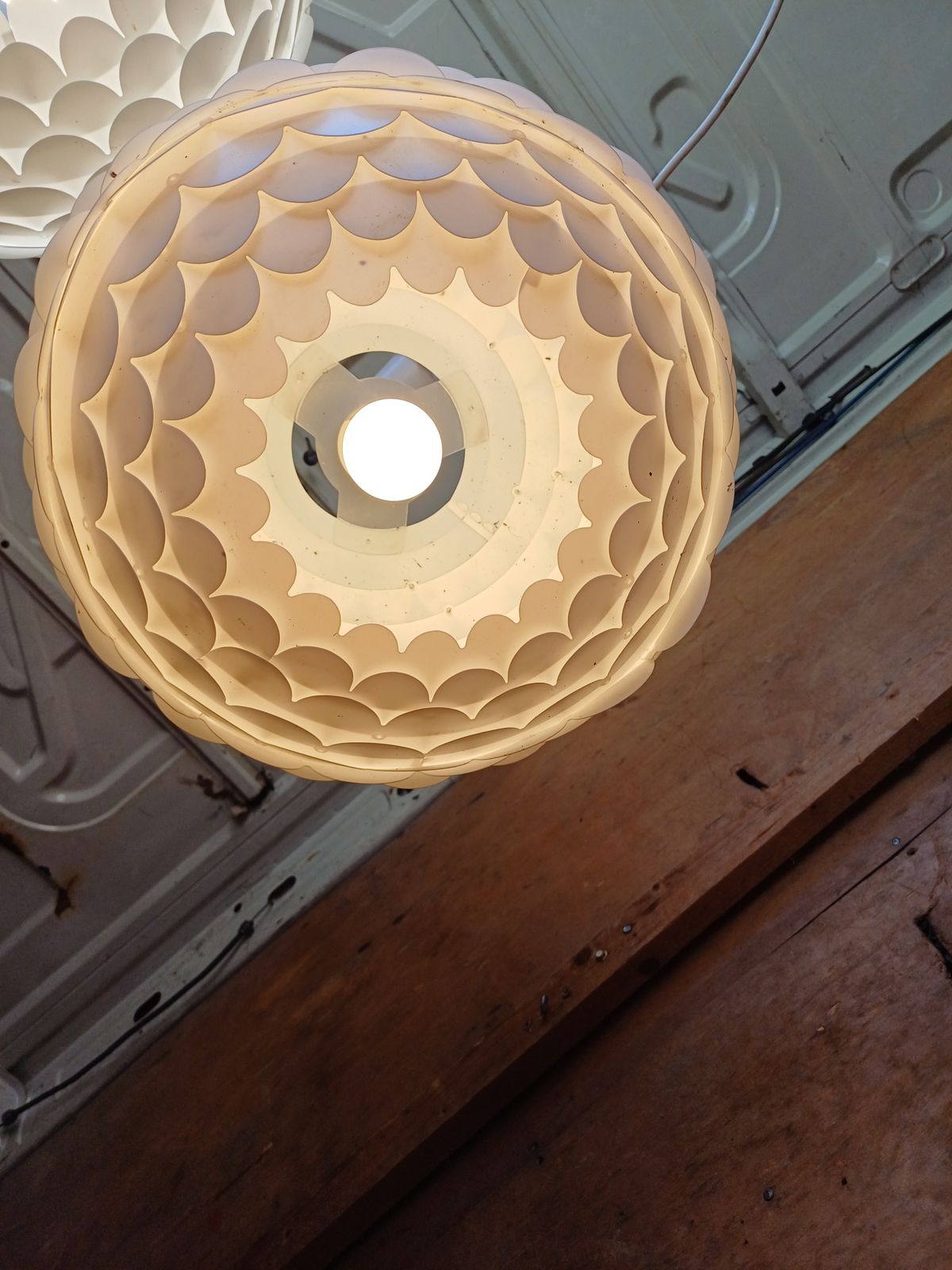124.0 Pair Of Vintage White Plastic Pendant Lights photo
