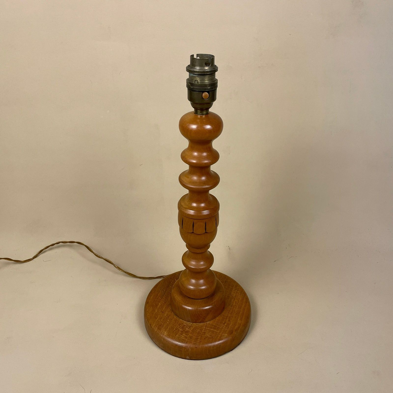 Antique Bauble Wooden Lamp Light Bedside Side Table Desk Column Round Base Vintage Brown Hand Carved Farmhouse Cottage Decor Wood