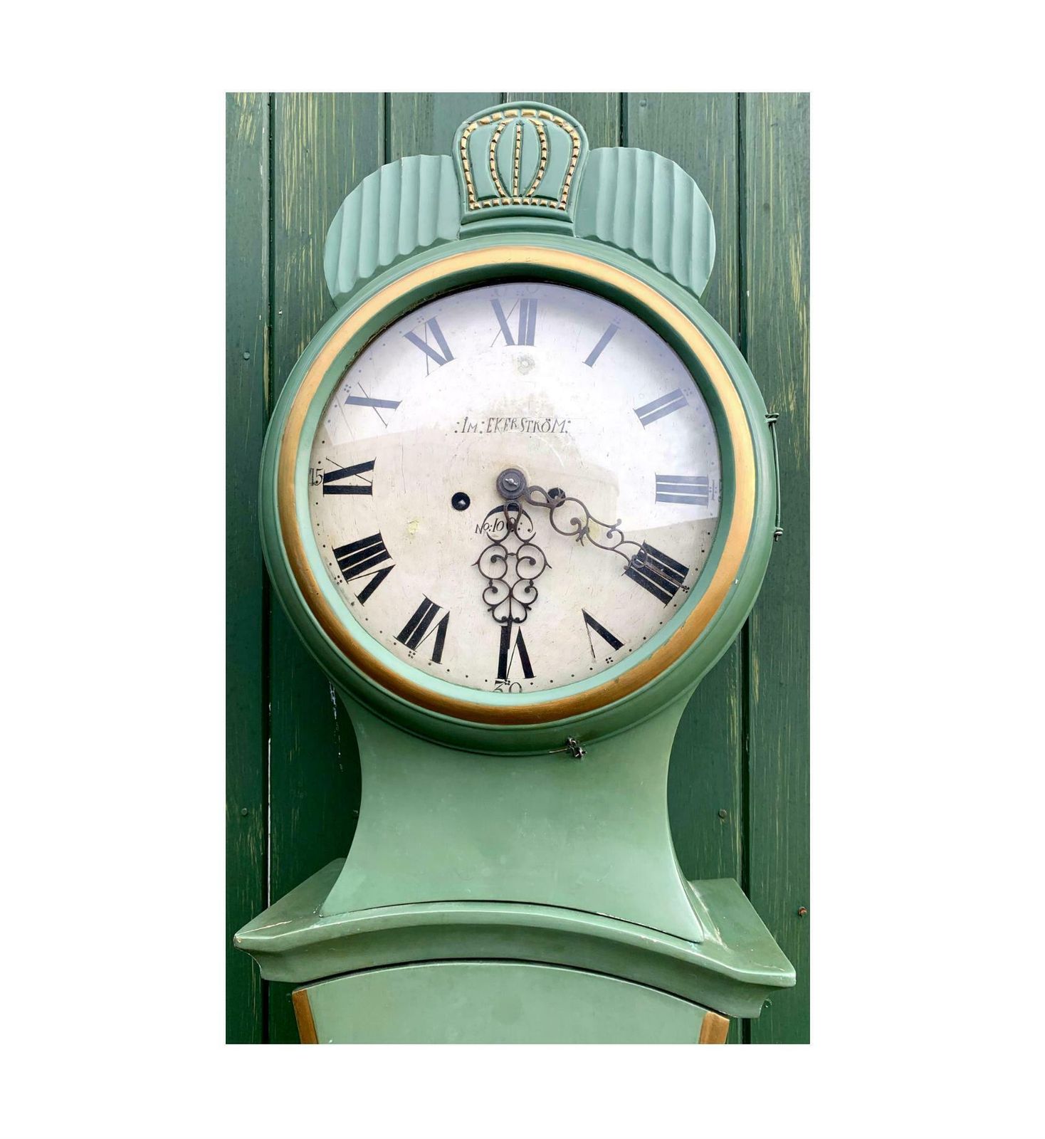Swedish Antique Mora Clock Fryksdall Green Gold 1800s Gustavian Ekerstrom photo furniture