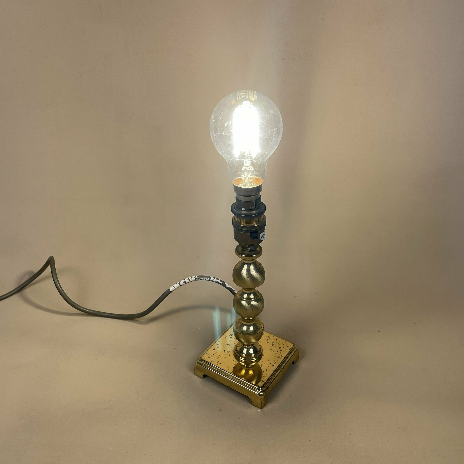 Vintage Gold Brass Metal Lamp Light Bedside Side Table Desk Ornate Detail Square Base Antique Small Pattern Aged Patina Column Pillar Ball photo for sale