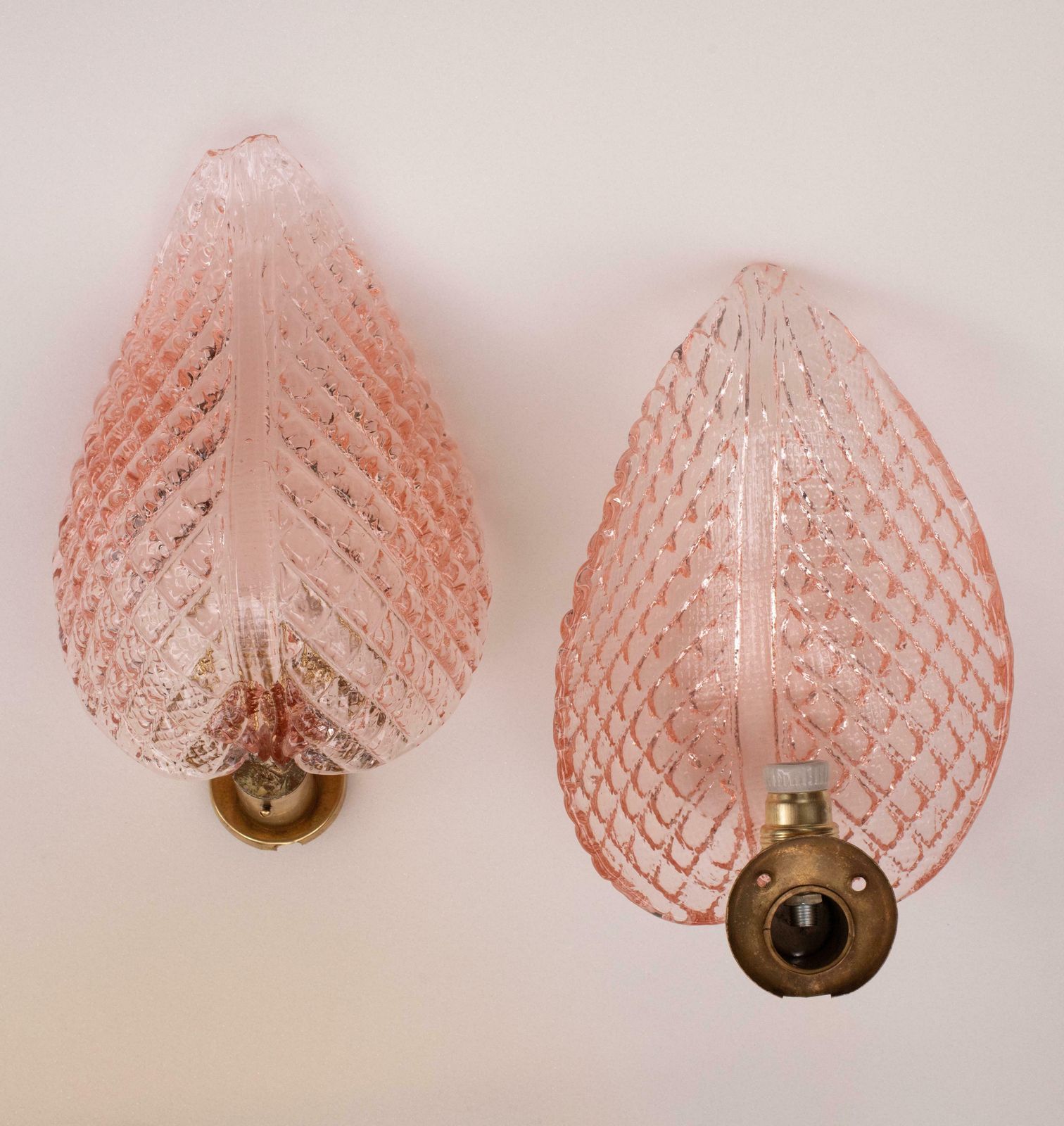 Set Of 2 Wall Light Pink Jewel Murano Glass Leave By Barovier E Toso, 1950s photo for sale
