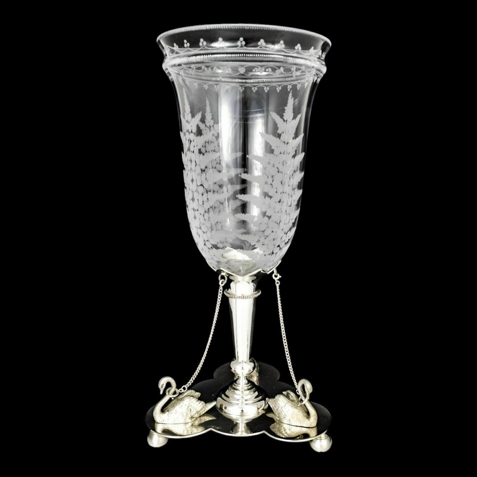 Antique Victorian Mappin Webb Glass Celery Vase Fern Engraved Silver Plated Swan photo Home Decor