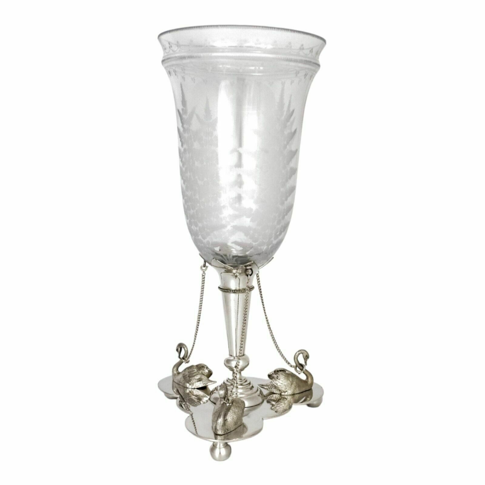 525.0 Antique Victorian Mappin Webb Glass Celery Vase Fern Engraved Silver Plated Swan photo