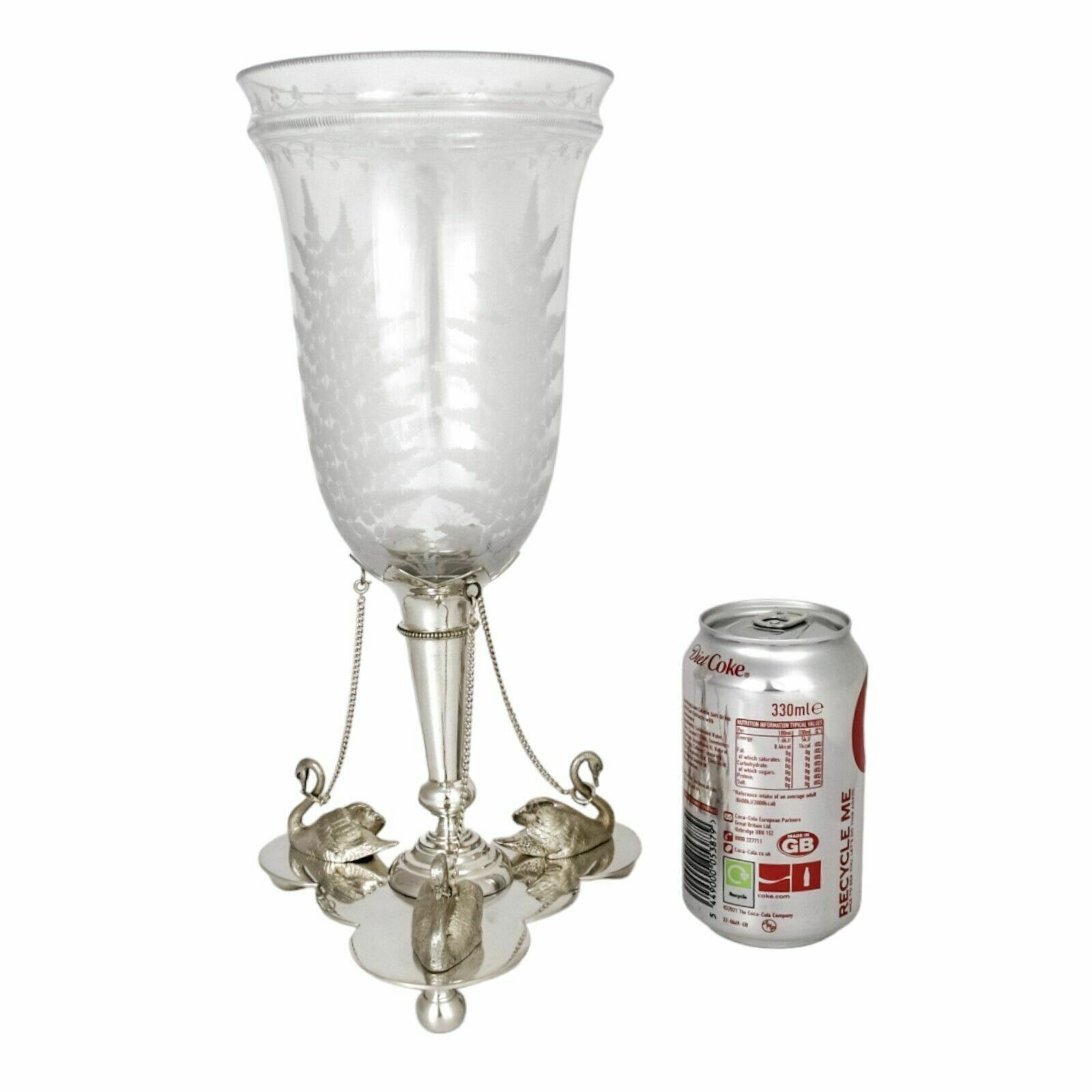photo vinterior Antique Victorian Mappin Webb Glass Celery Vase Fern Engraved Silver Plated Swan