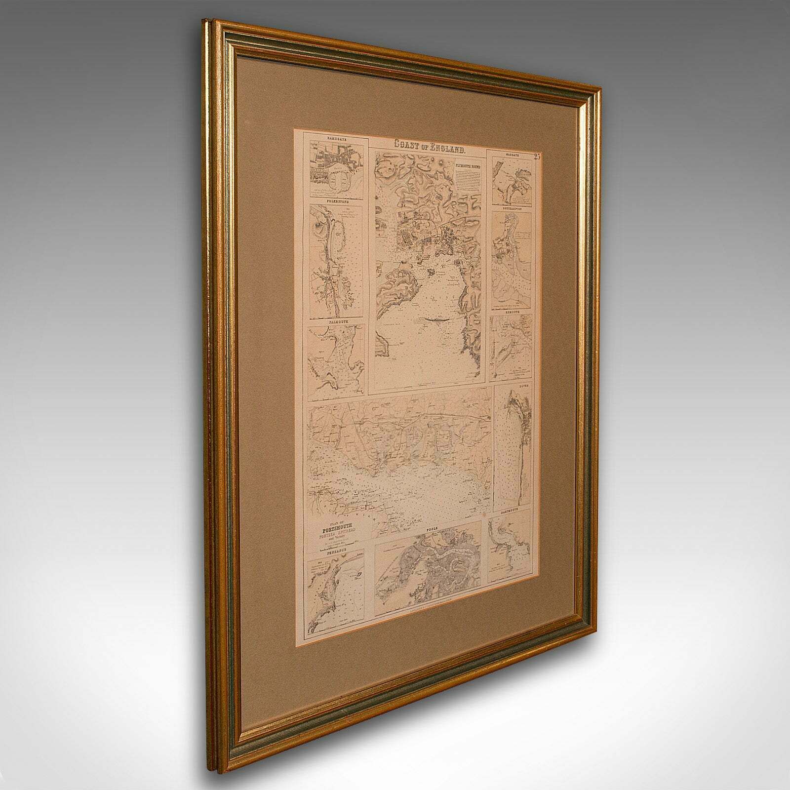 photo vinterior Antique Lithography Map, Coastal England, Framed Cartography Interest, Victorian