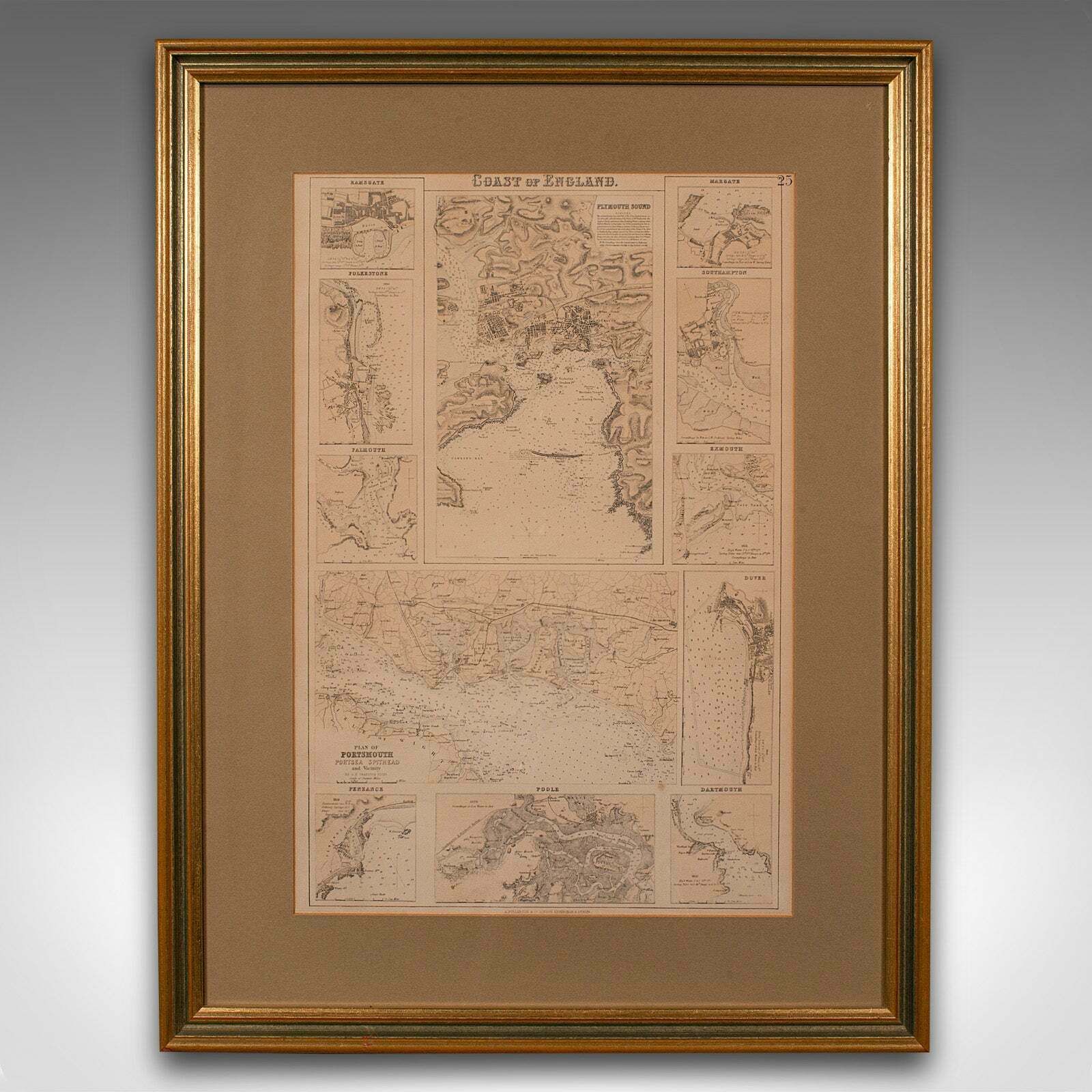 photo buy Antique Lithography Map, Coastal England, Framed Cartography Interest, Victorian