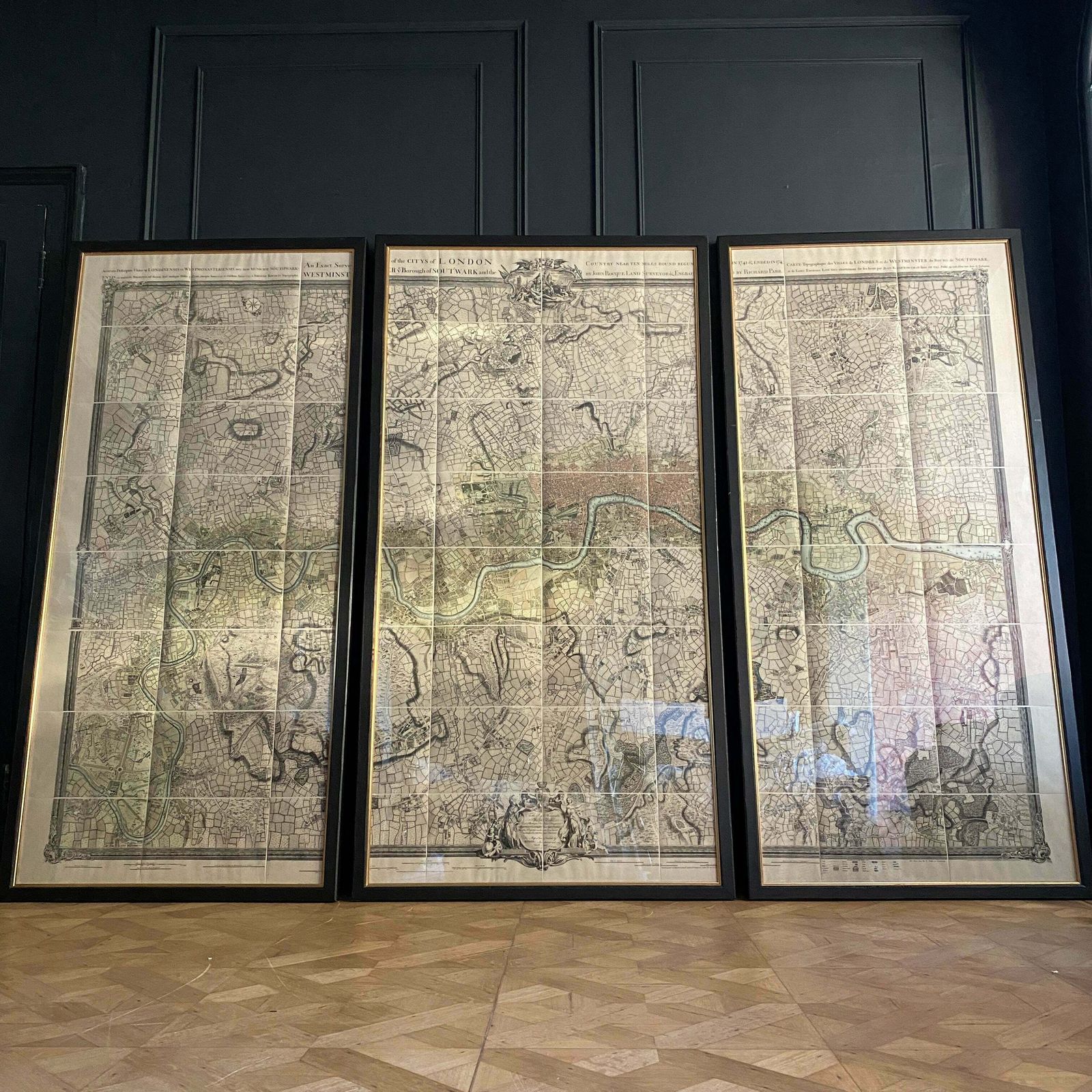 John Rocque's Tryptich Map Of London 10 Miles Round London (Coloured) Circa 1745 photo furniture