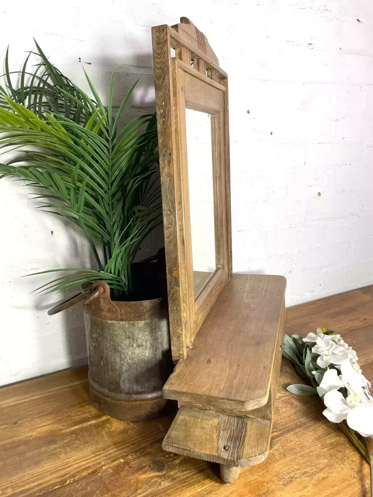 Antique Indian Colonial Wooden Bathroom Shaving Wall Mirror photo for sale