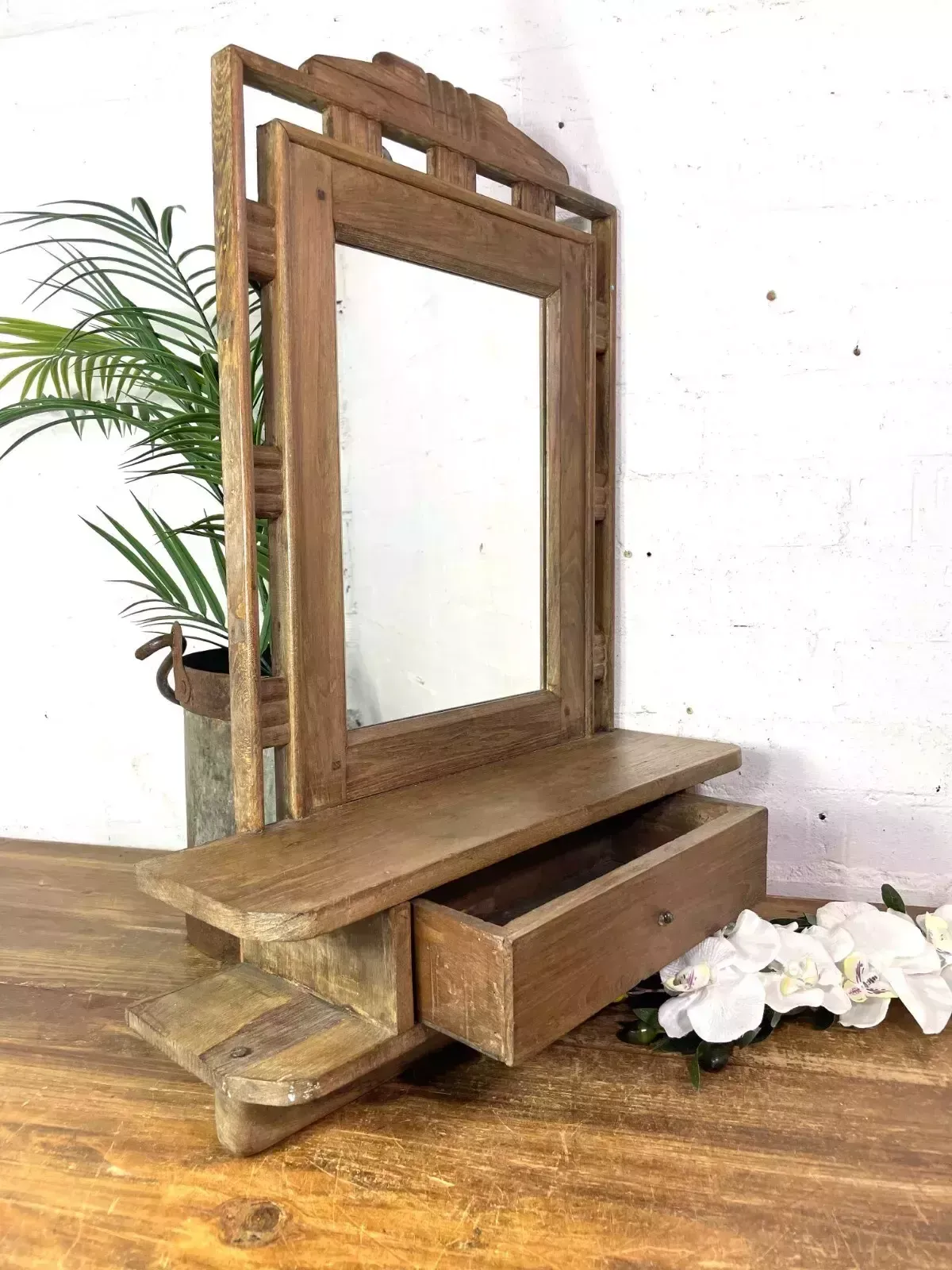 Antique Indian Colonial Wooden Bathroom Shaving Wall Mirror photo 80.0