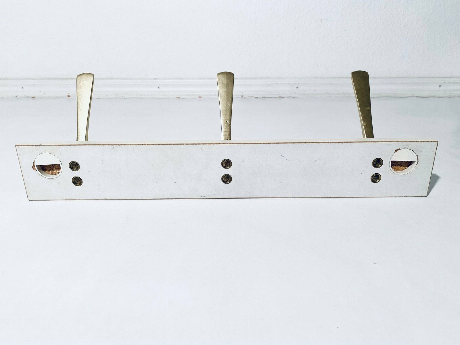 photo for sale Elegant Mid Century White & Gold Wooden Coat Rack Hook / Vintage Rockabilly Decor 1950s