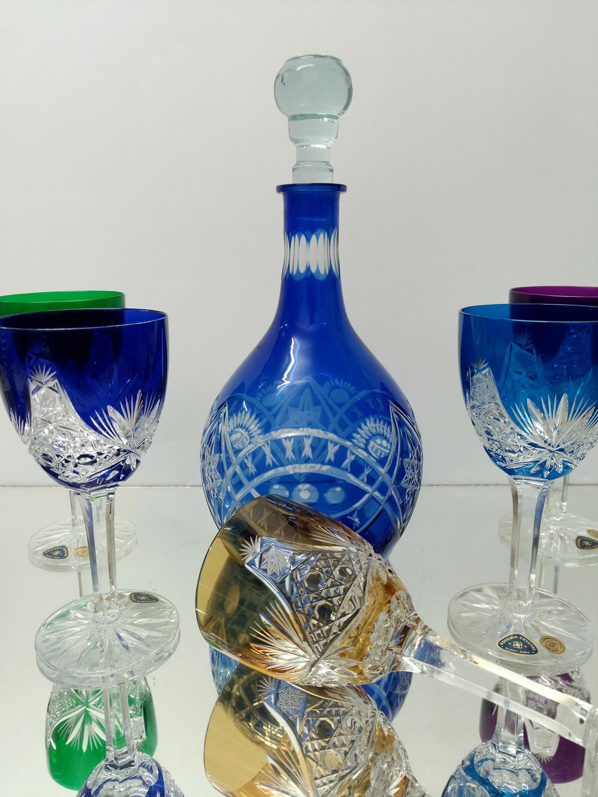 Decanter And 5 Lead Colorful Glasses / Bohemia Crystal photo furniture