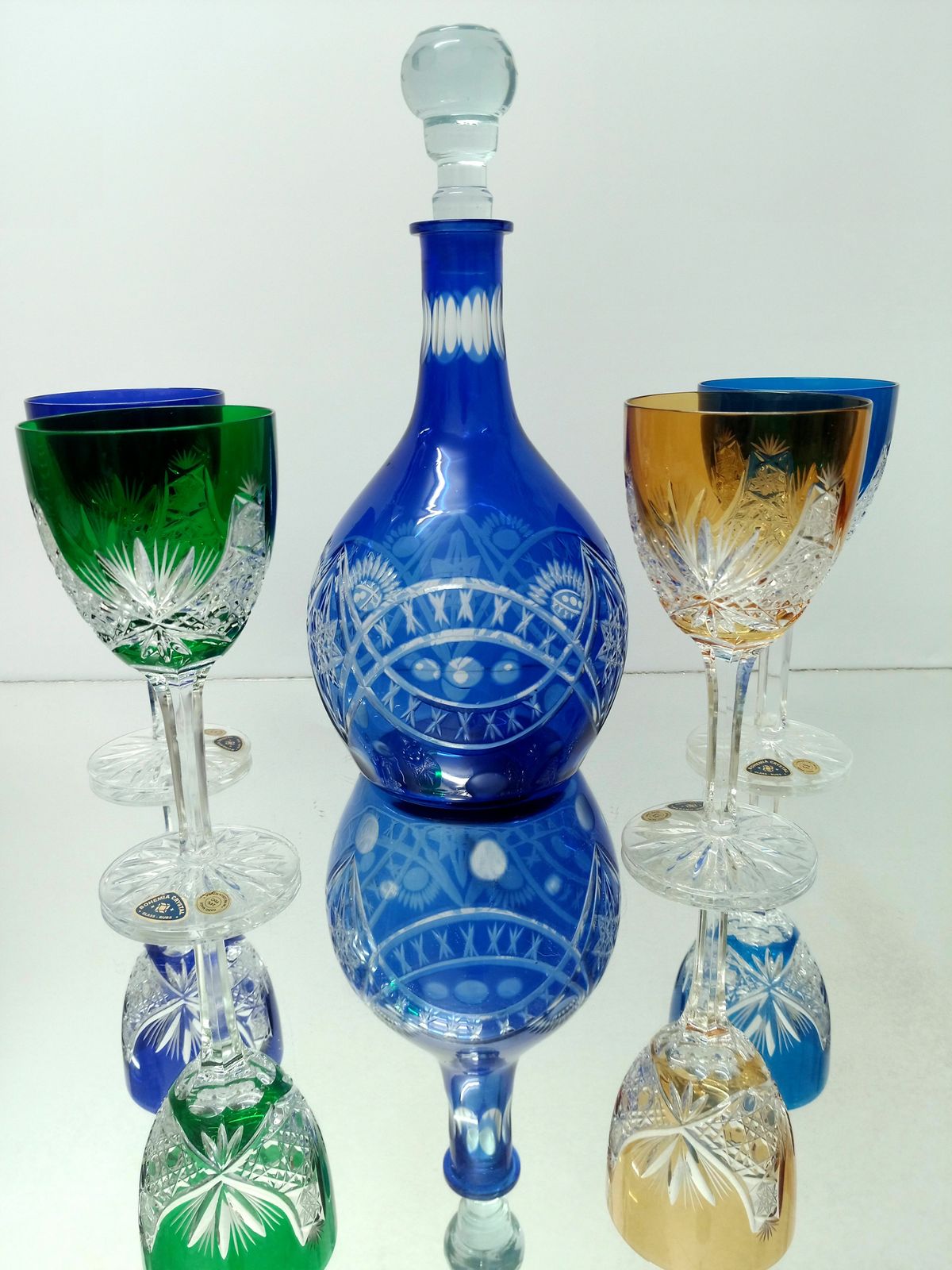 photo for sale Decanter And 5 Lead Colorful Glasses / Bohemia Crystal