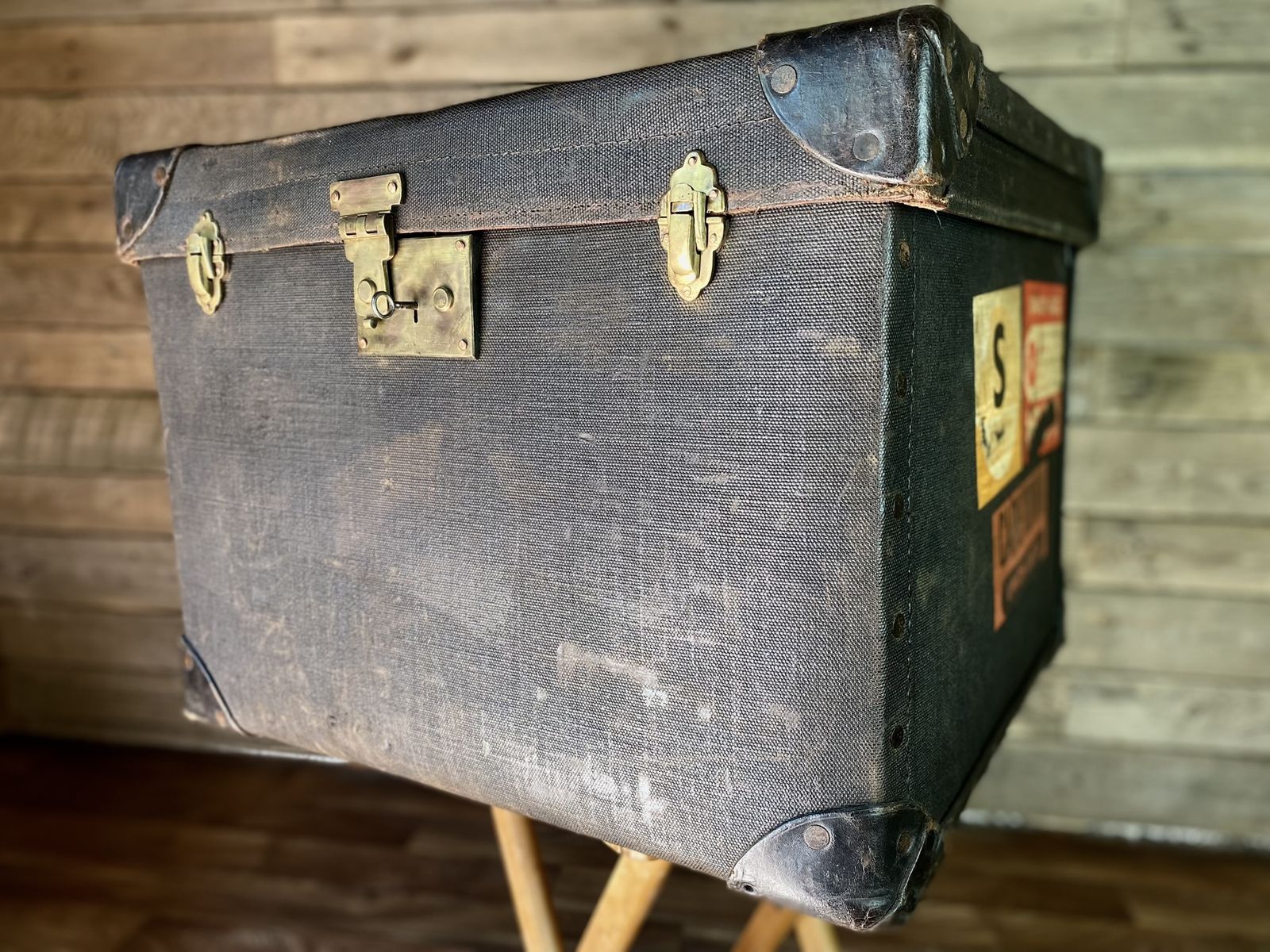 Antique Edwardian Vintage Luggage Trunk Dress Hat Storage Box  Original Key  Leather & Brass Details  Historical Interest photo furniture