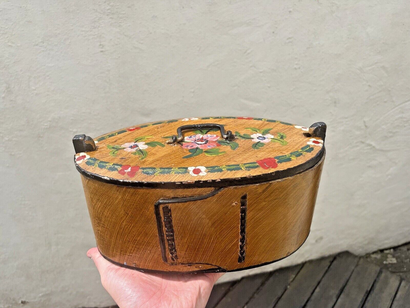 photo buy Large Antique Swedish Svepask Tine Bentwood Folk Art Painted Box Scandi Kitchen